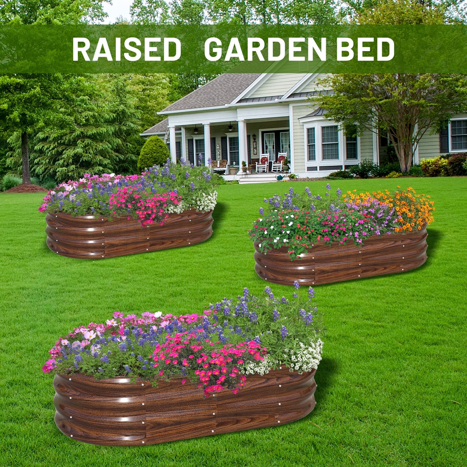 Raised Garden Bed, 3Pcs 4X2X1Ft Galvanized Metal Planter Box, Brown