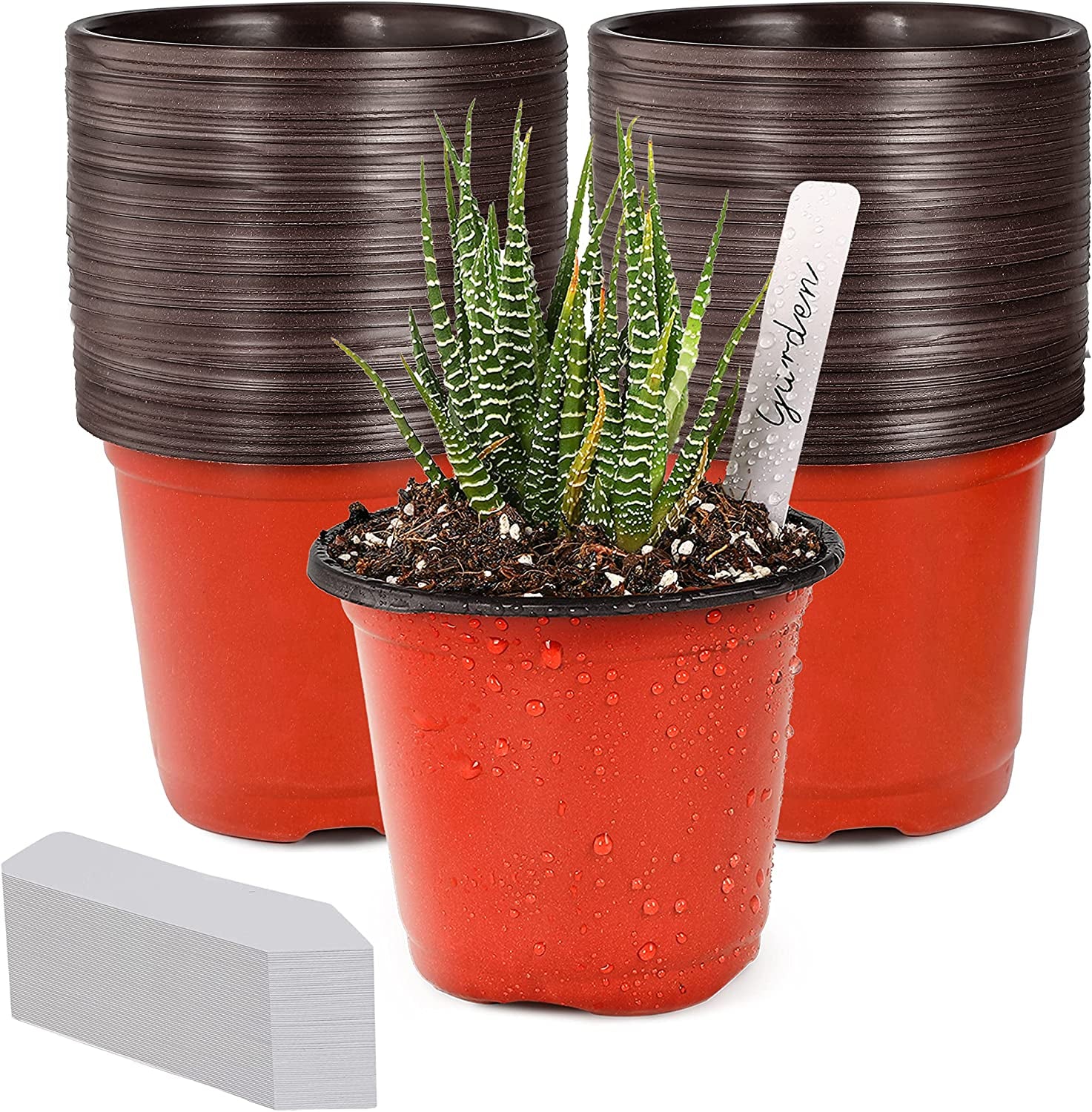 4-Inch Small Plastic Nursery Pots (100-Pack) with Plant Labels for Seedlings and Flowers - Indoor and Outdoor Planting Containers (Red)