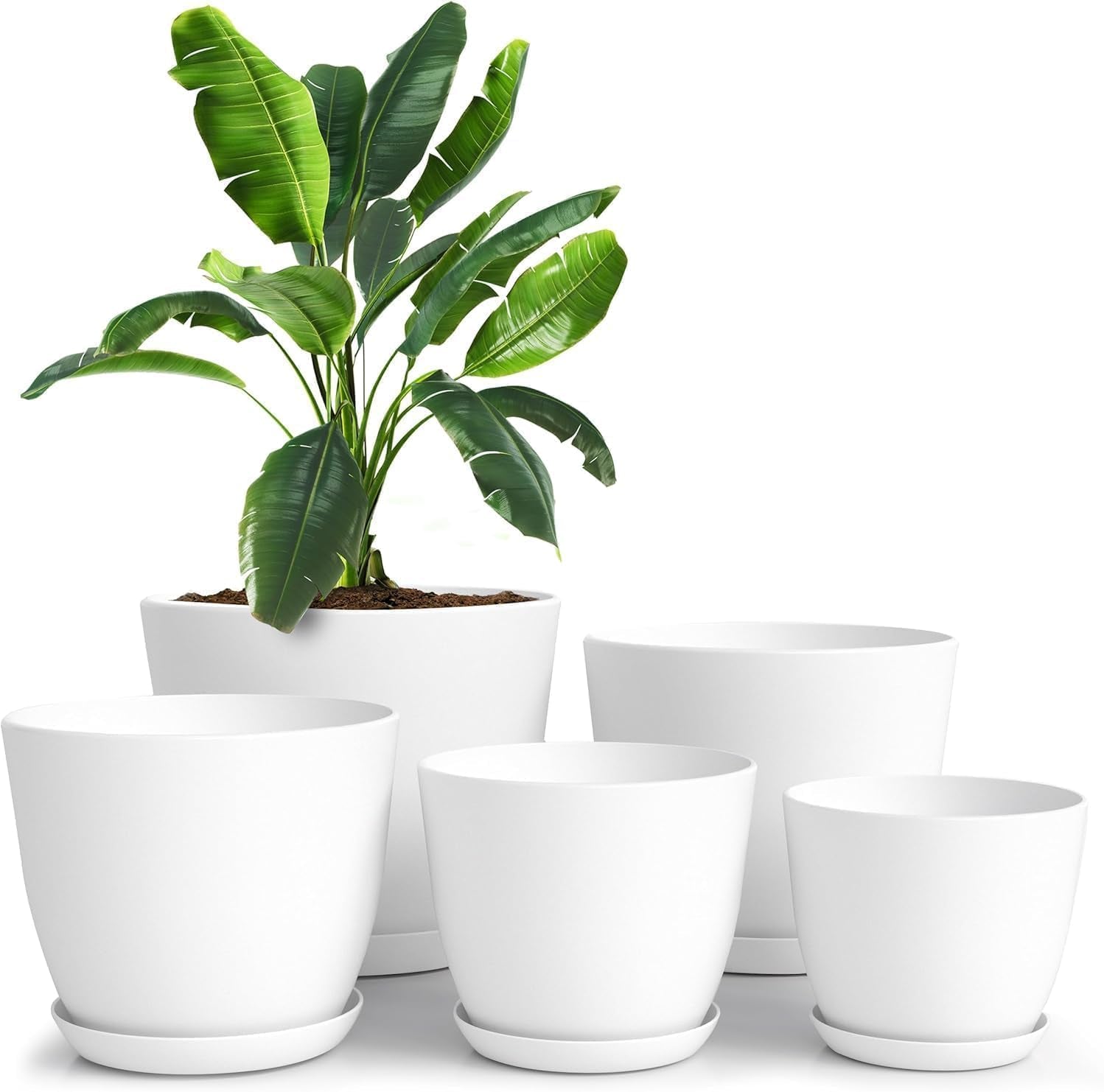 - Plant Pots Indoor with Drainage - 7/6.6/6/5.3/4.8 Inches Flower Pots for Indoor Planter - 5 Pack Plastic Planters - Ideal for Stocking Stuffers or Home Christmas Decorations - White