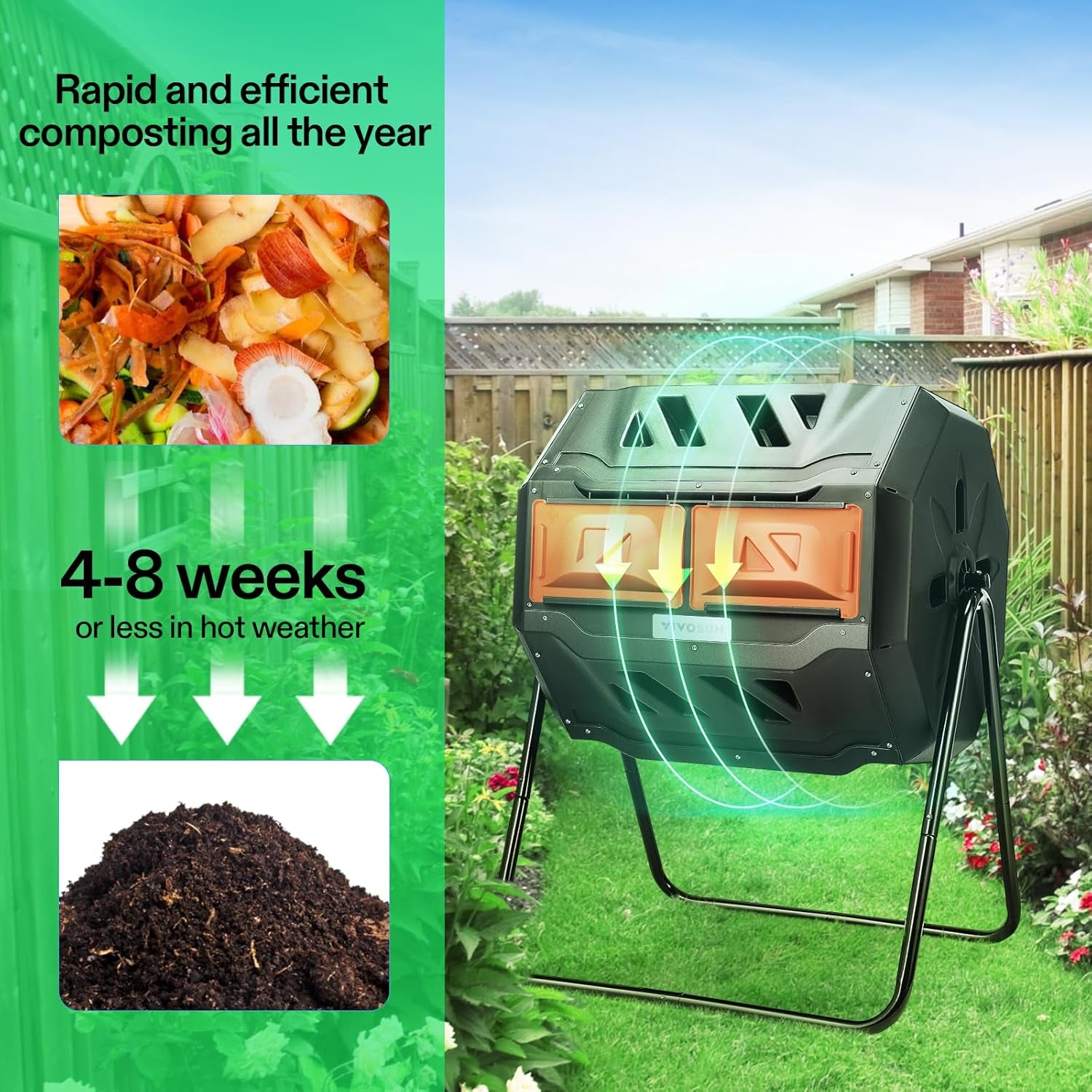 43-Gallon Dual Rotating Outdoor Compost Bin with Orange Door