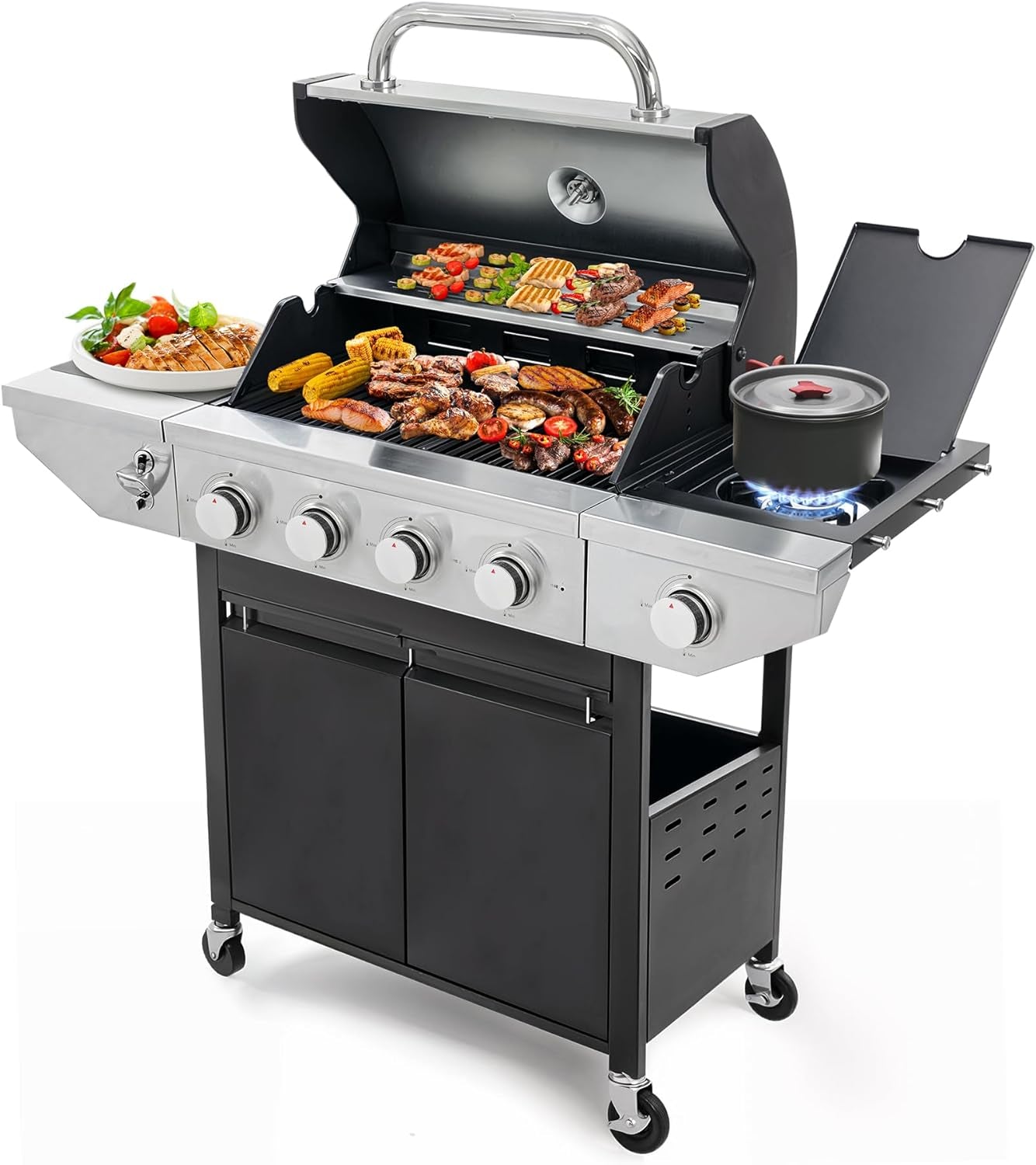 4 Burner Propane Gas Grill with Side Burner, Stainless Steel BBQ Grill 48,500 BTU for Outdoor Cooking Kitchen, Garden and Patio Backyard Barbecue, Black and Silver