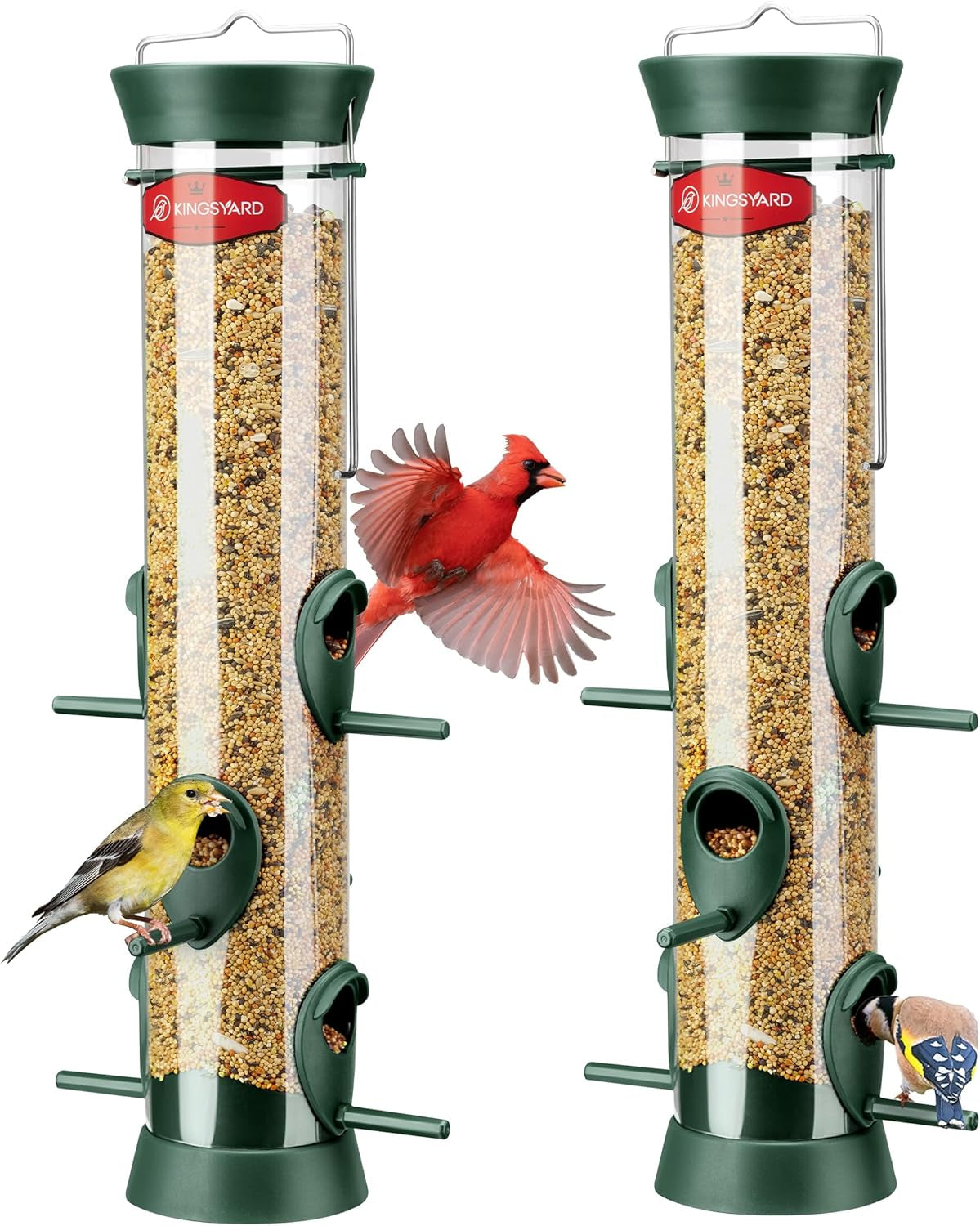 2 Pack Tube Bird Feeder for Outdoors Hanging, Removable Base and Perch, 6 Feeding Ports - Easy to Clean, Premium Hard Plastic, Attracting for Finches Cardinals (Green)