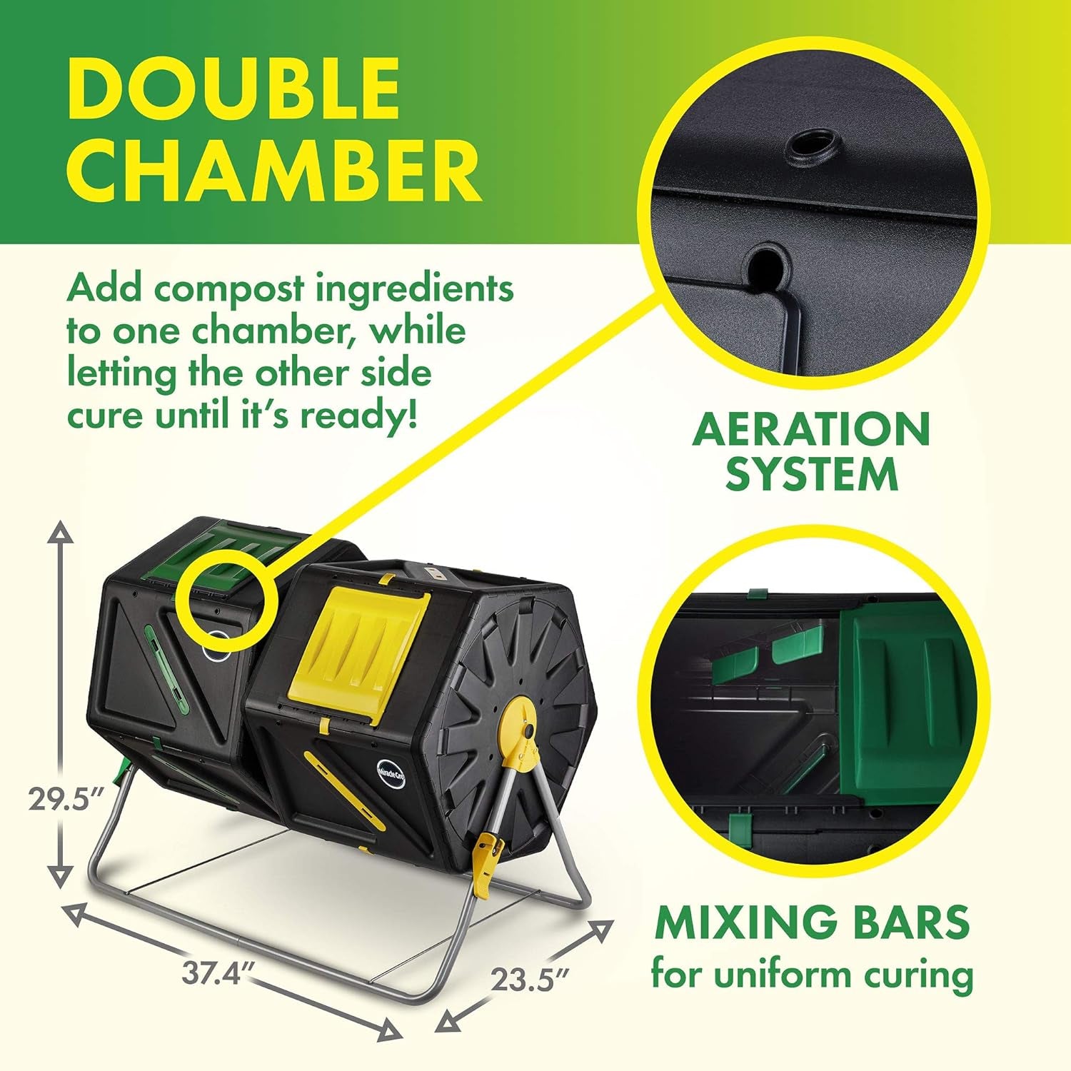 Large Dual Chamber Compost Tumbler – Easy-Turn, Fast-Working System – All-Season, Heavy-Duty, High Volume Composter with 2 Sliding Doors - (2 – 27.7Gallon /105 Liter)