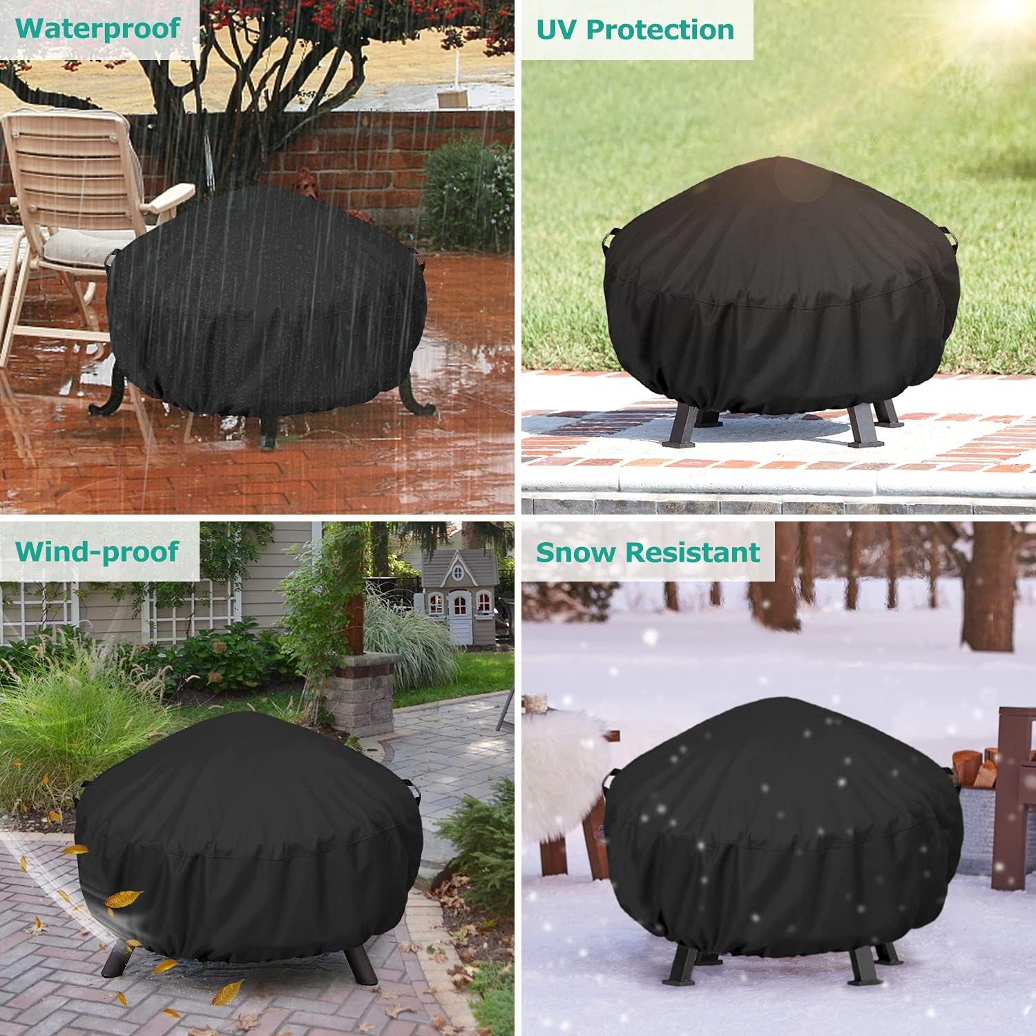 Fire Pit Cover round 44 Inch, Heavy Duty Waterproof Fire Bowl Cover, Outdoor Patio Furniture Side Table Protector with Adjustable Drawstring and Handles, UV & Rip & Fade Resistant, Black