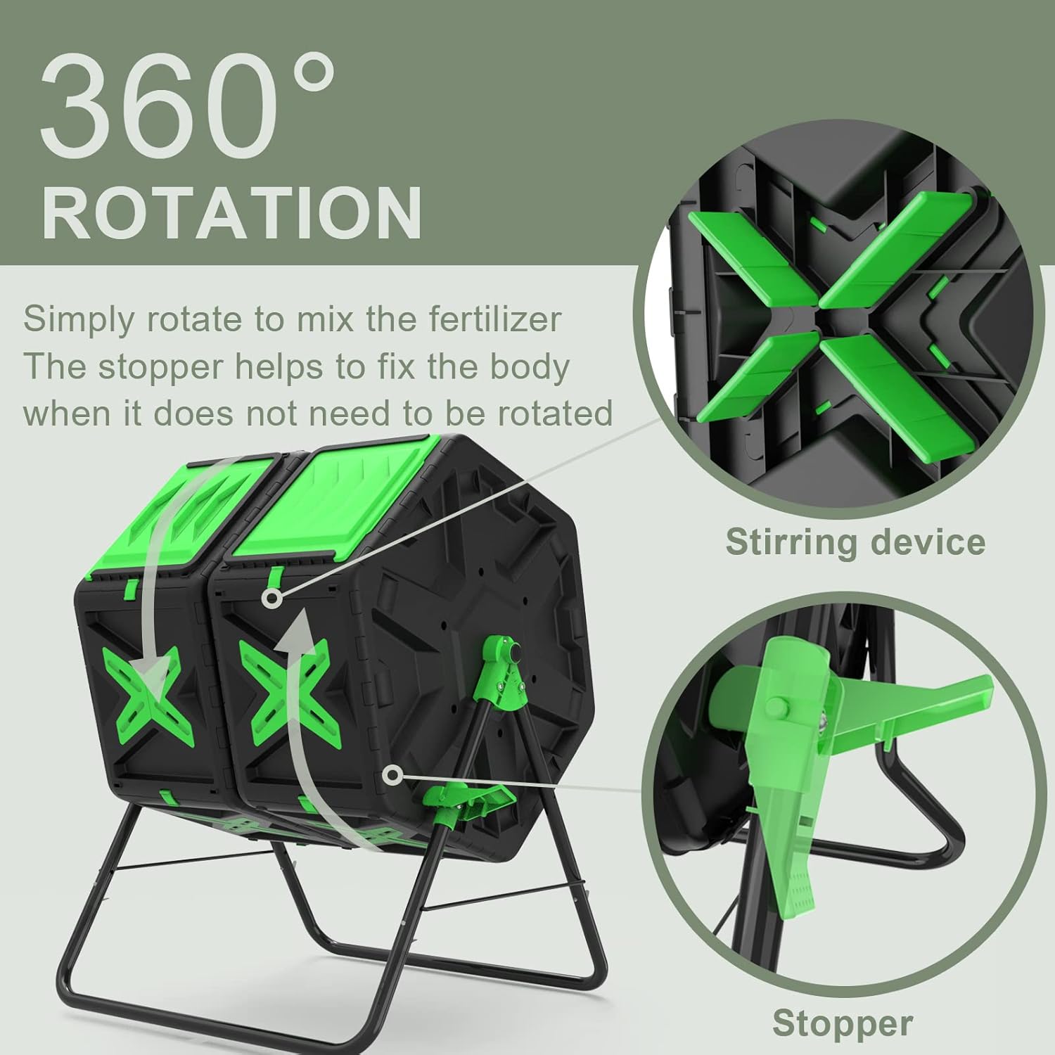 Large Dual Chamber Compost Bin Tumbler Outdoor Garden- Easy Rotating- Sturdy Steel Frame-Fast Composting (Green, 2 × 18.5 Gallon)