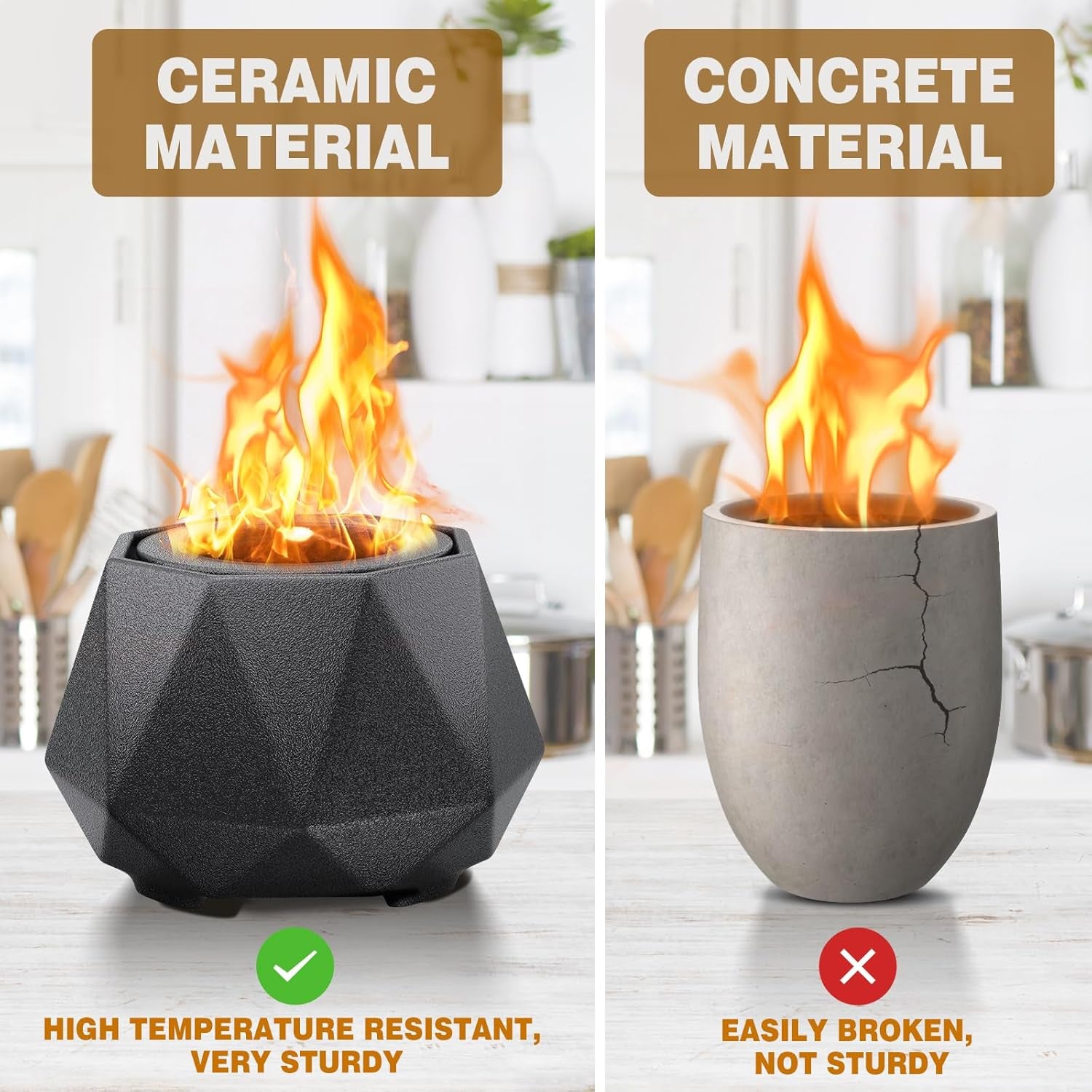 Ceramics Table Top Fire Pit Bowl, Indoor Outdoor Tabletop Fire Pits Bowl for Smores Portable Ethanol Fireplace for Patio Balcony Decor Gathering, Black