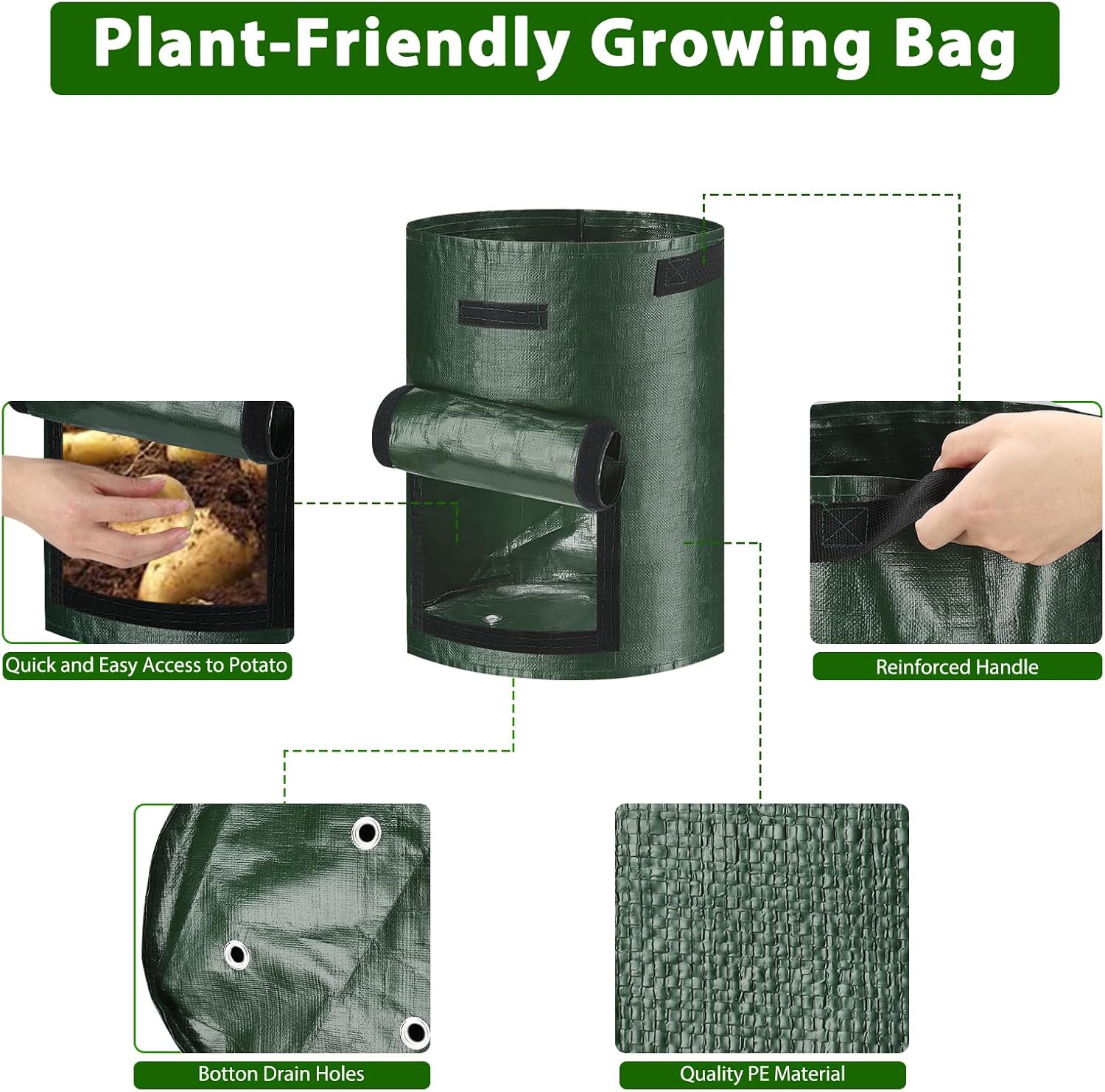 Potato Grow Bags, 4 Pack 10 Gallon with Flap and Handles Planter Pots for Onion, Fruits, Tomato, Carrot - Green