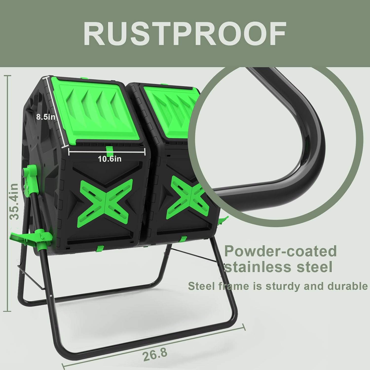 Large Dual Chamber Compost Bin Tumbler Outdoor Garden- Easy Rotating- Sturdy Steel Frame-Fast Composting (Green, 2 × 18.5 Gallon)