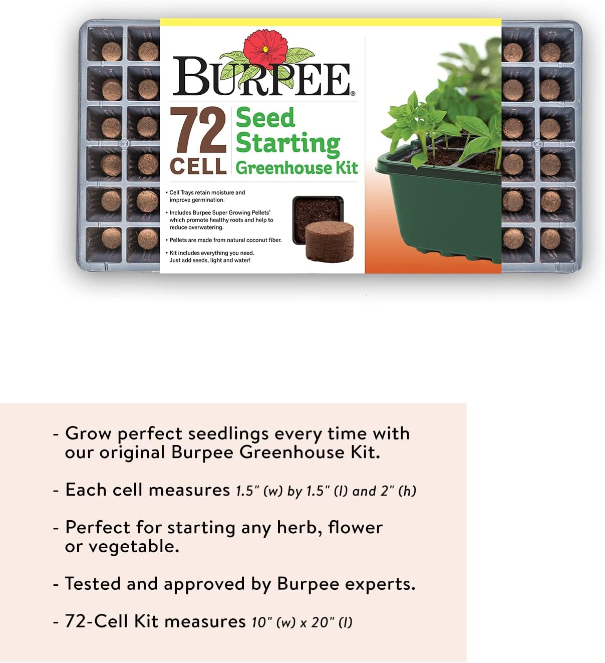 Greenhouse Indoor Starting Herbs, Flowers and Vegetables | Includes Dome, Watering, Seed Starter Tray, Coir Pellets | 10" W X 20" L X 5" H, One Size, 1 Kit (72 Cells)