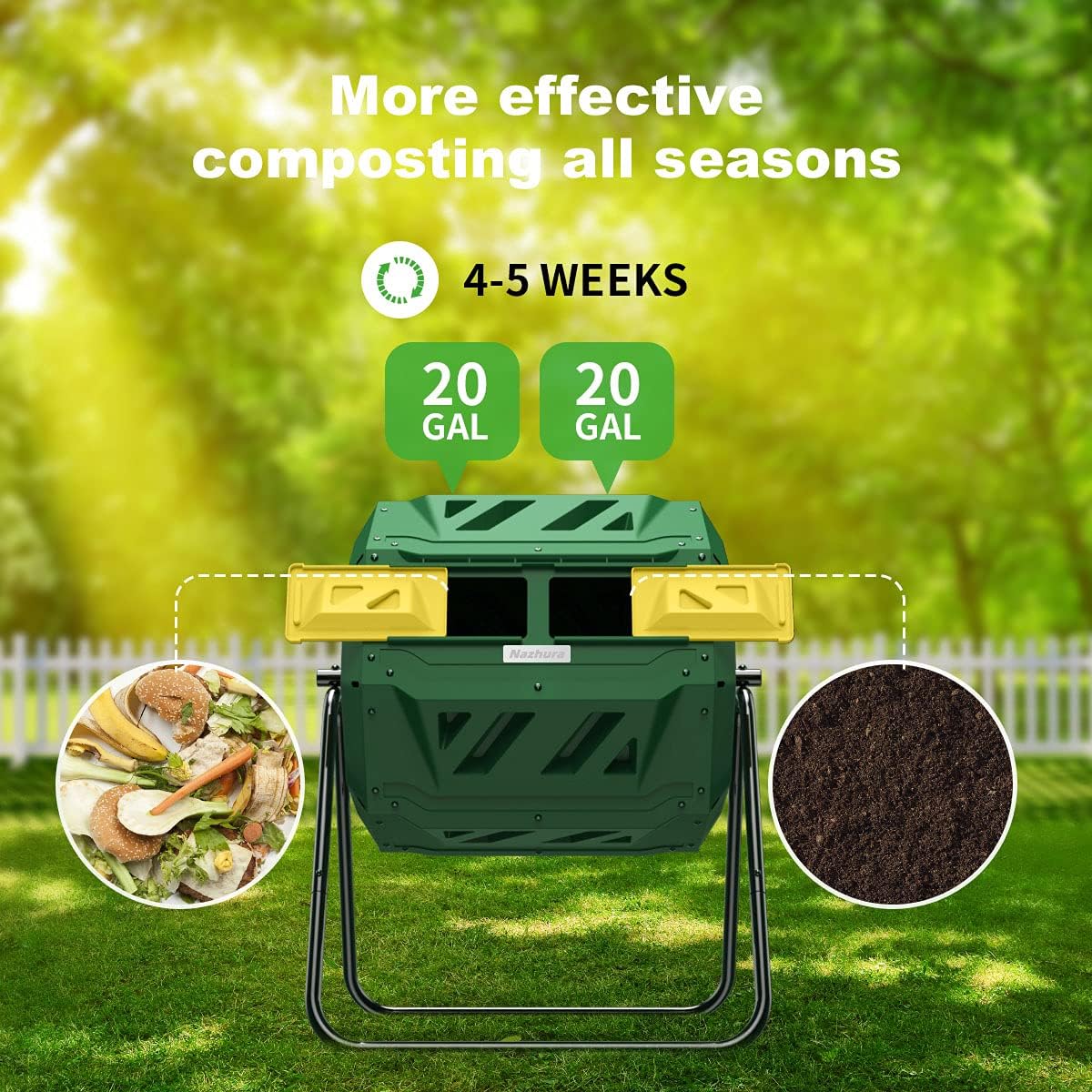 Compost Tumbler Bin Composter Dual Chamber 43 Gallon (Bundled with Pearson'S Gardening Gloves)