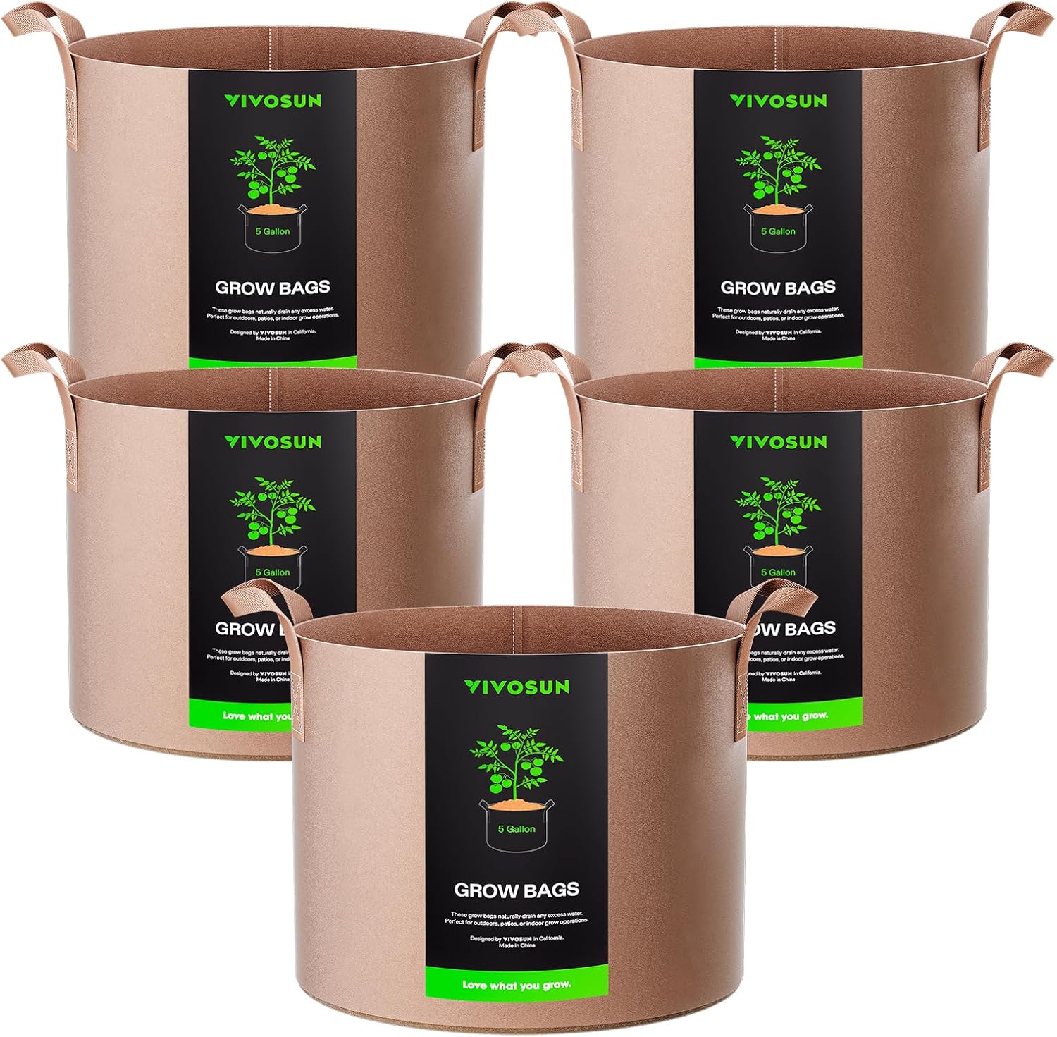 5-Pack 5 Gallon Grow Bags Heavy Duty 300G Thickened Nonwoven Plant Fabric Pots with Handles