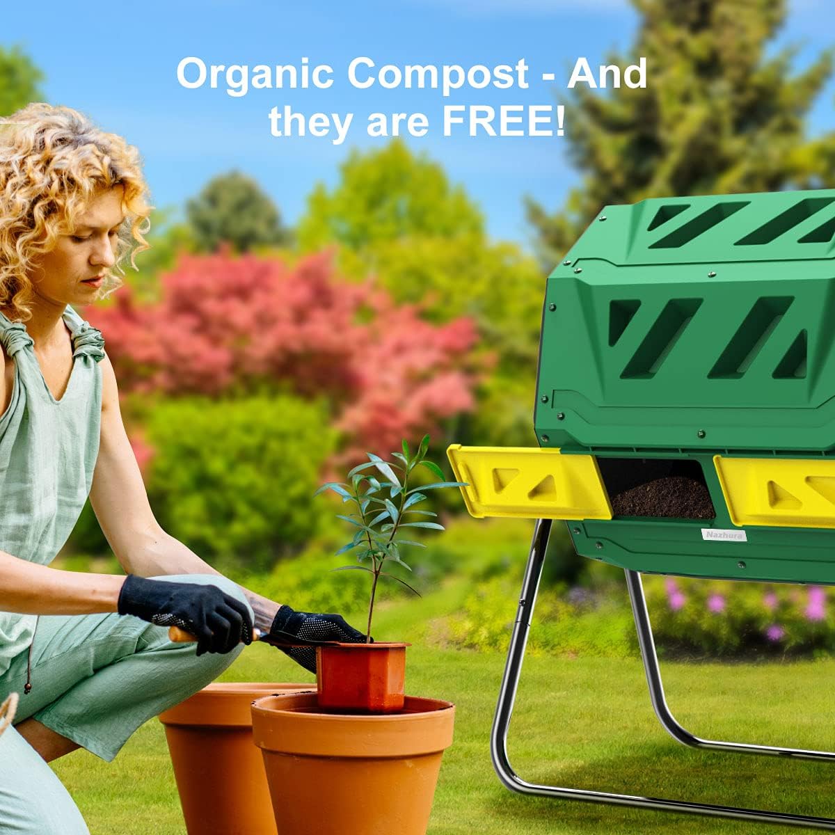 Compost Tumbler Bin Composter Dual Chamber 43 Gallon (Bundled with Pearson'S Gardening Gloves)