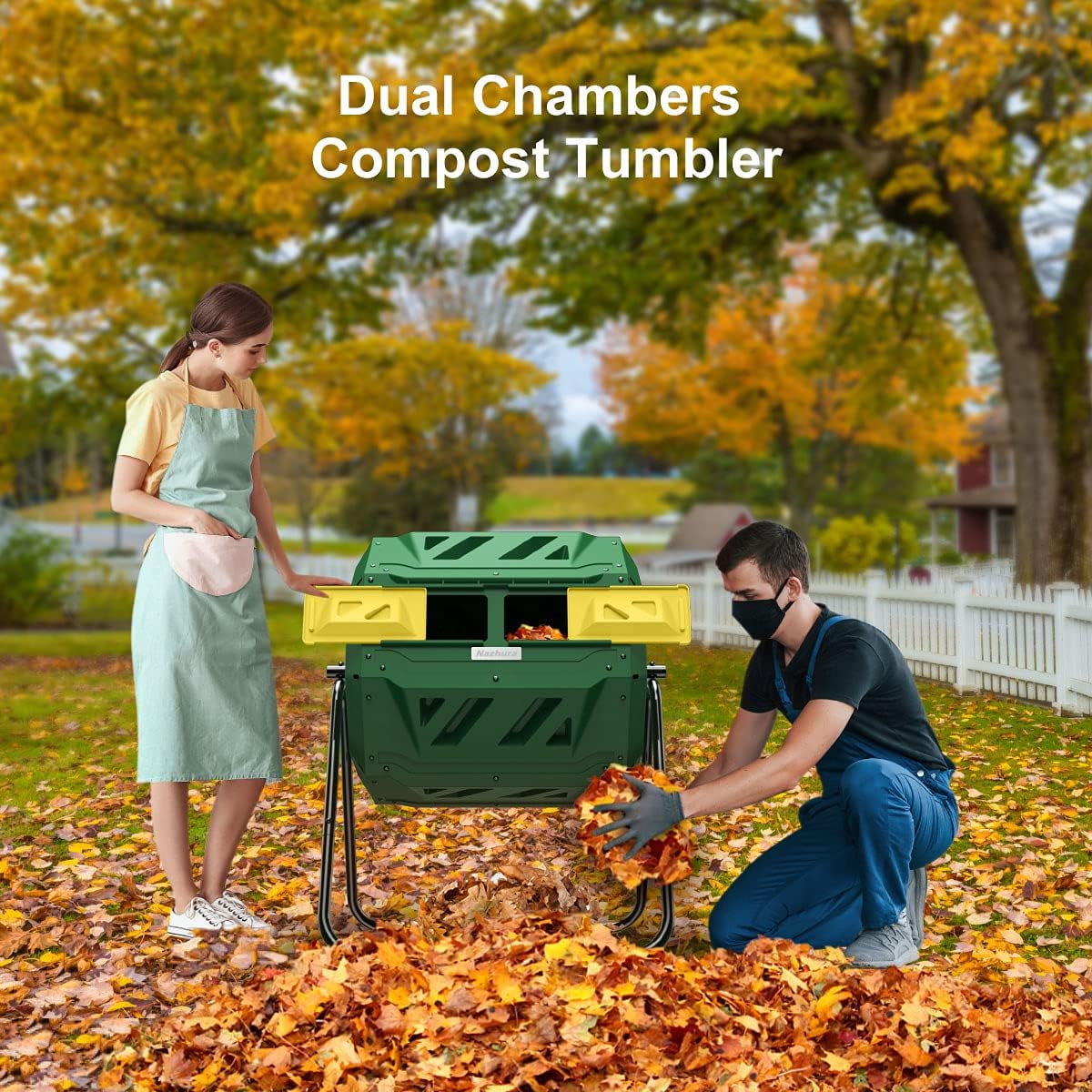 Compost Tumbler Bin Composter Dual Chamber 43 Gallon (Bundled with Pearson'S Gardening Gloves)