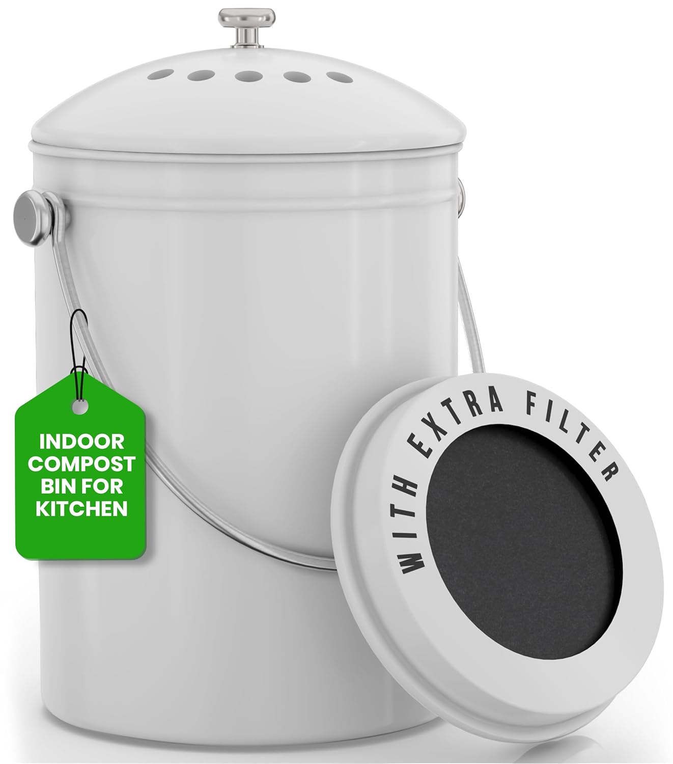 Compost Bin for Kitchen Countertop, 1.3 Gallon Compost Bucket for Kitchen with Lid, Includes 1 Spare Charcoal Filter, Home Essentials - (Silver)