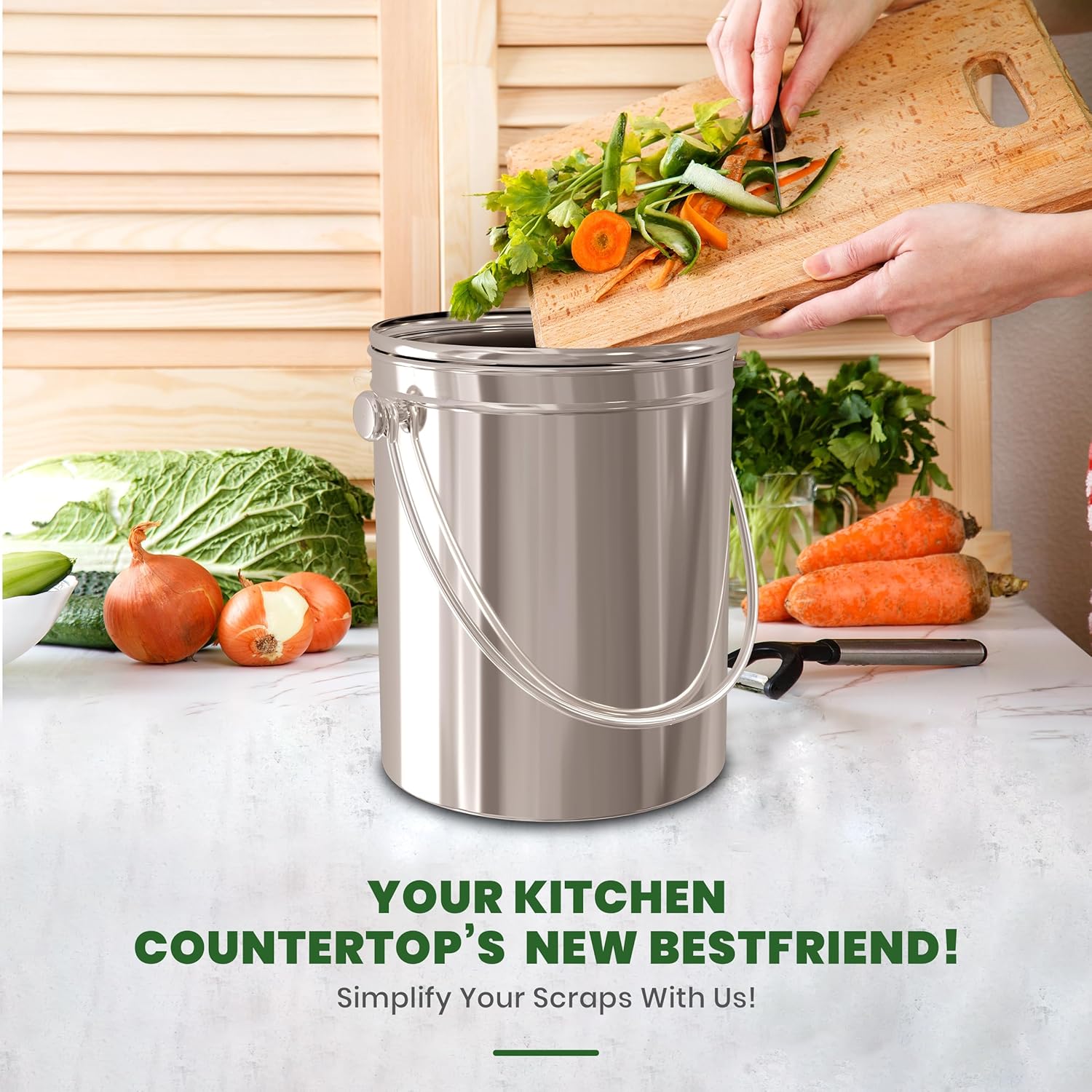 Compost Bin for Kitchen Countertop, 1.3 Gallon Compost Bucket for Kitchen with Lid, Includes 1 Spare Charcoal Filter, Home Essentials - (Silver)