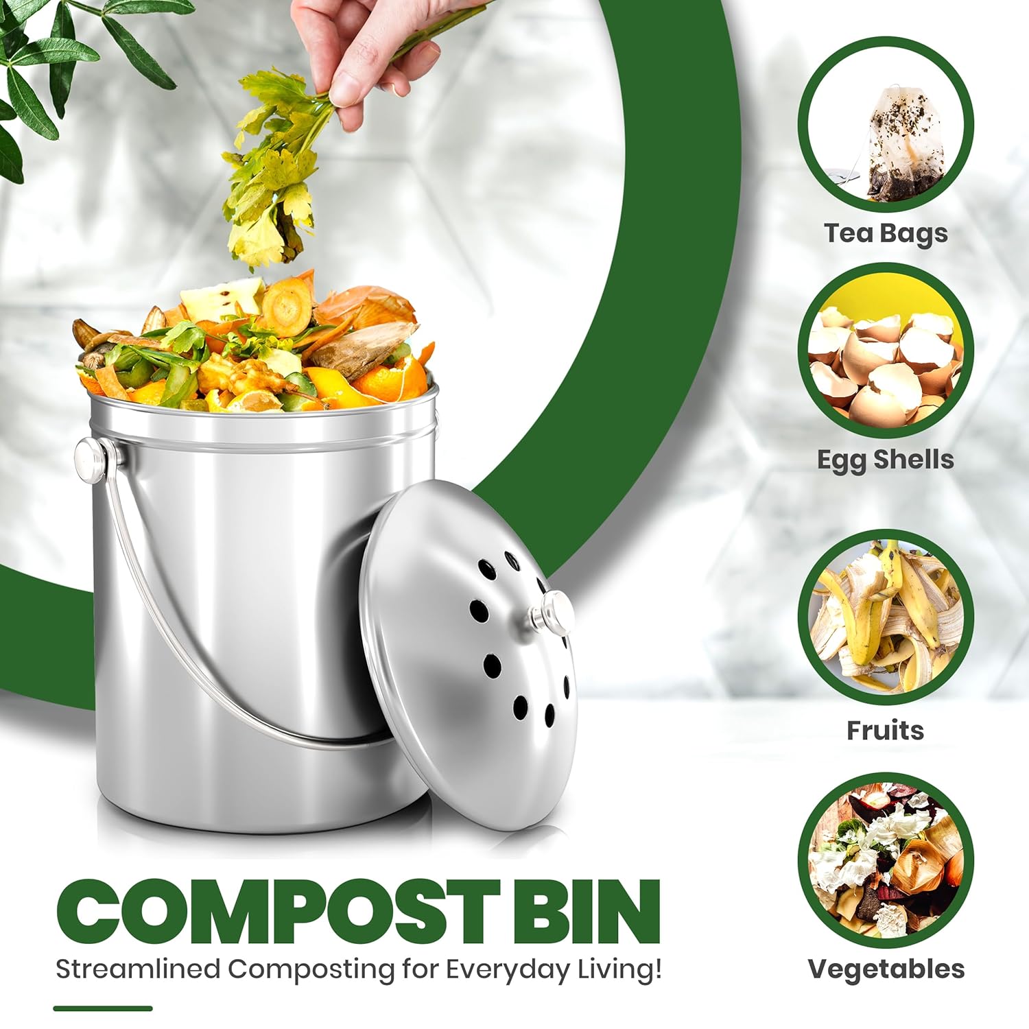 Compost Bin for Kitchen Countertop, 1.3 Gallon Compost Bucket for Kitchen with Lid, Includes 1 Spare Charcoal Filter, Home Essentials - (Silver)