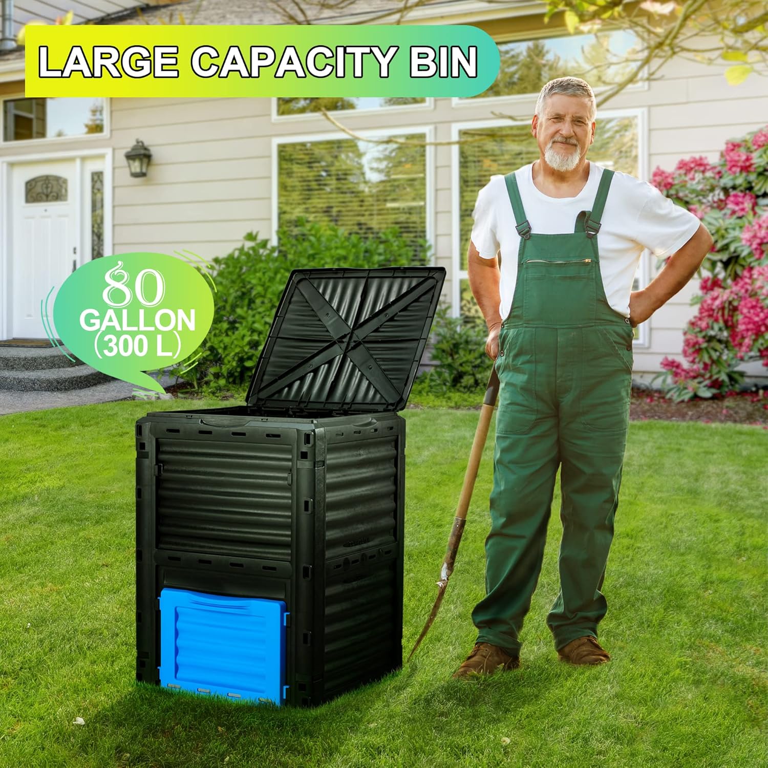 Garden Compost Bin 80 Gallon (300L) Large, Outdoor Composter from PP Material,Composting Box Easy Assembly & Many Vents, Fast Creation of Fertile Soil, Lightweight & Sturdy