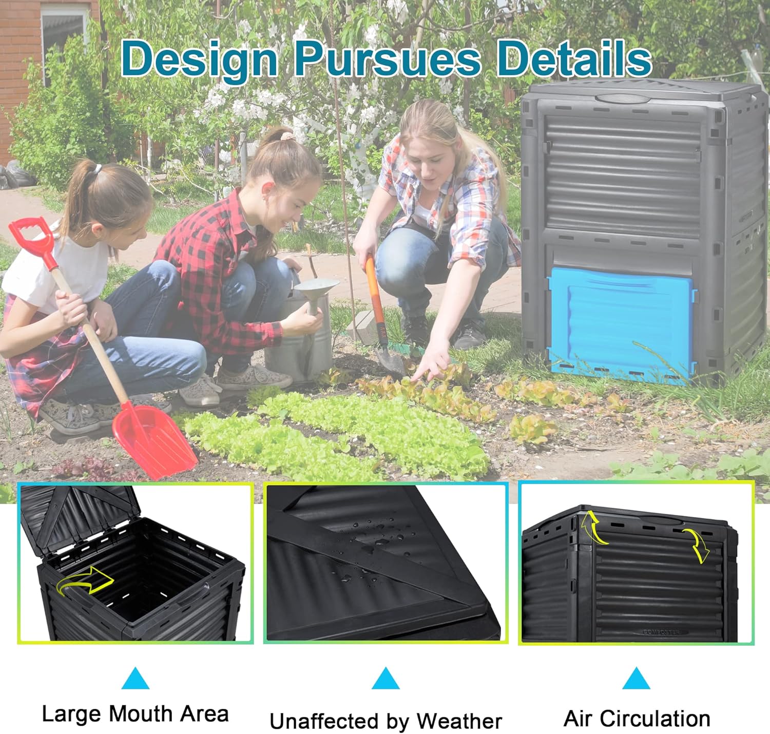 Garden Compost Bin 80 Gallon (300L) Large, Outdoor Composter from PP Material,Composting Box Easy Assembly & Many Vents, Fast Creation of Fertile Soil, Lightweight & Sturdy