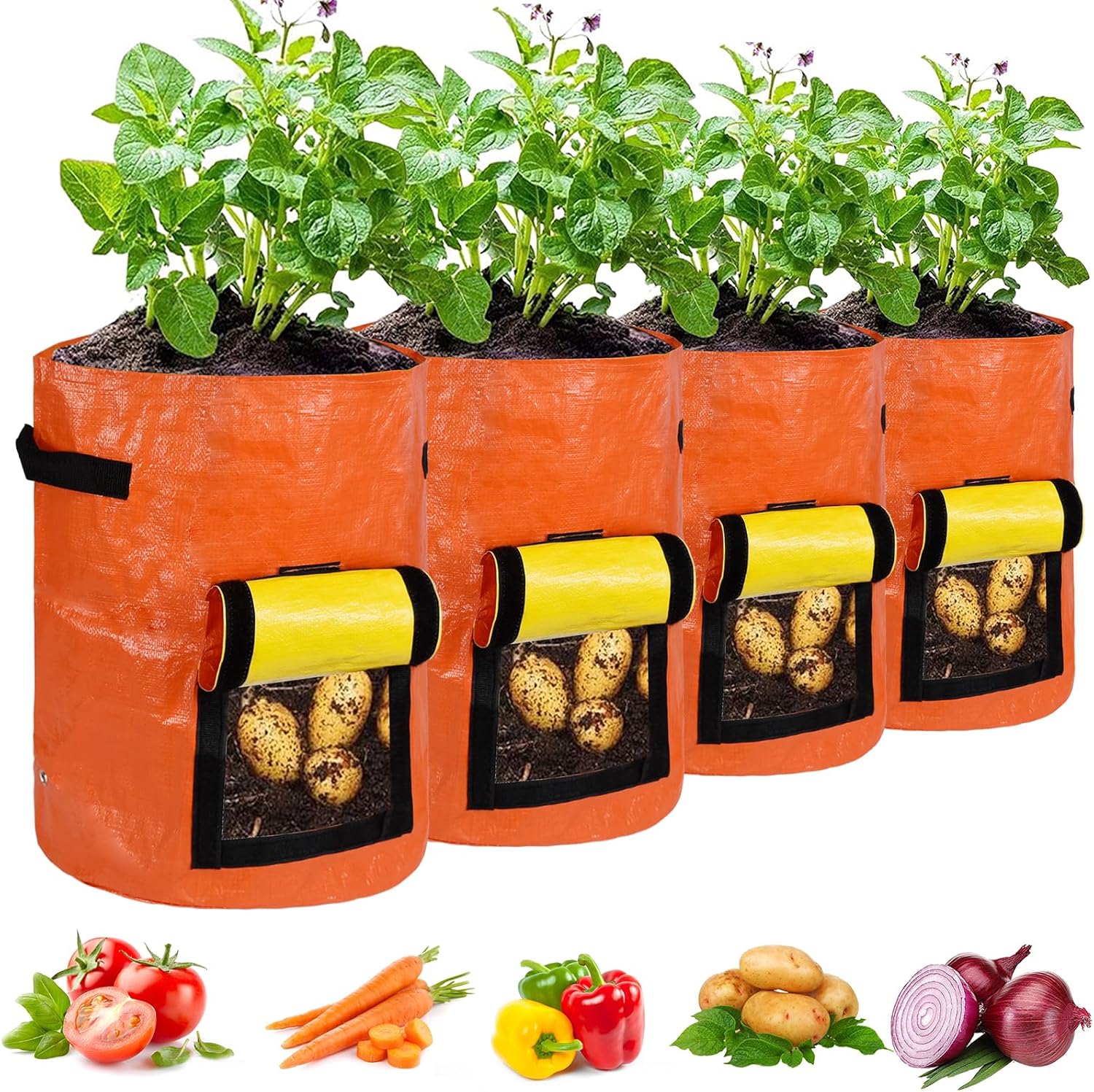 Potato Grow Bags, 4 Pack 10 Gallon with Flap and Handles Planter Pots for Onion, Fruits, Tomato, Carrot - Green