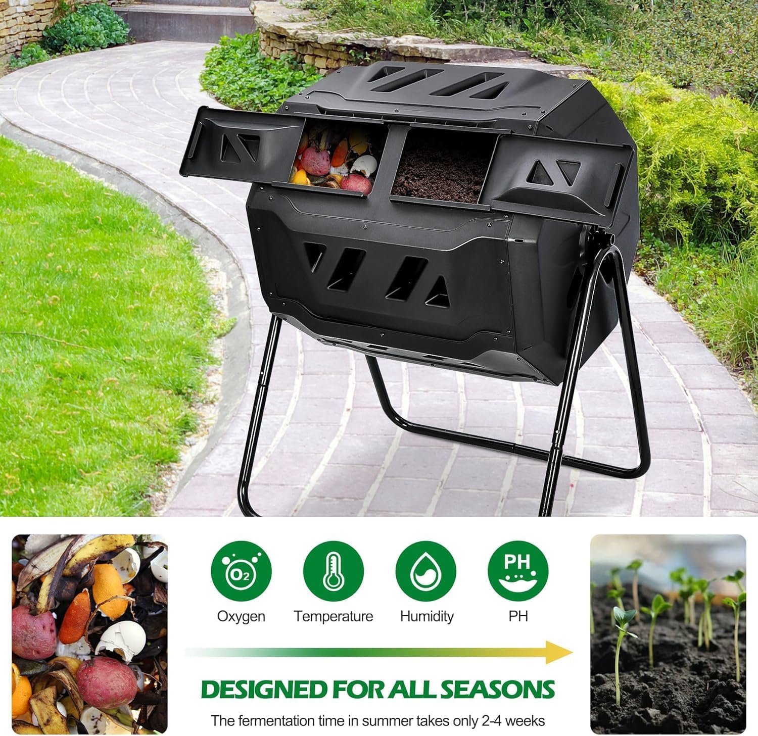 Large Composting Tumbler Dual Chamber Outdoor Garden Rotating Compost Bin Tumbling Composter with Sliding Door (43 Gallon, Black)