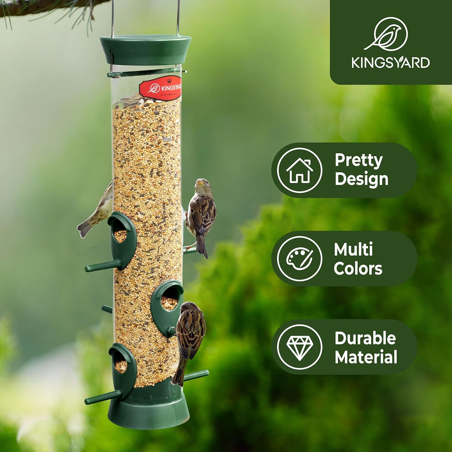 2 Pack Tube Bird Feeder for Outdoors Hanging, Removable Base and Perch, 6 Feeding Ports - Easy to Clean, Premium Hard Plastic, Attracting for Finches Cardinals (Green)