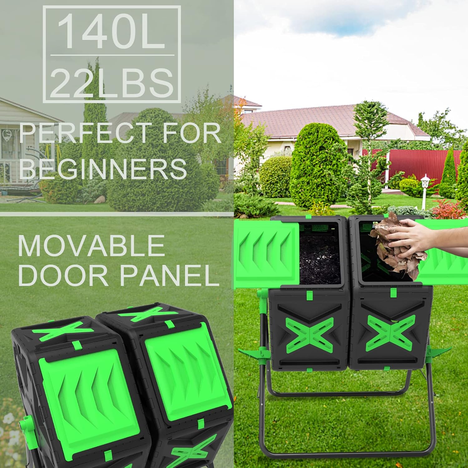 Large Dual Chamber Compost Bin Tumbler Outdoor Garden- Easy Rotating- Sturdy Steel Frame-Fast Composting (Green, 2 × 18.5 Gallon)