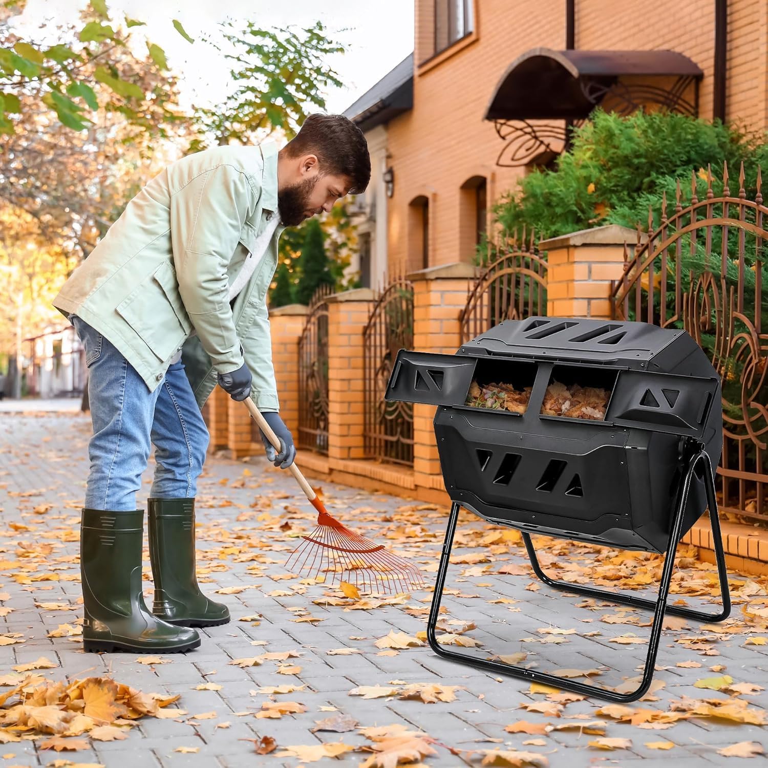 Large Composting Tumbler Dual Chamber Outdoor Garden Rotating Compost Bin Tumbling Composter with Sliding Door (43 Gallon, Black)