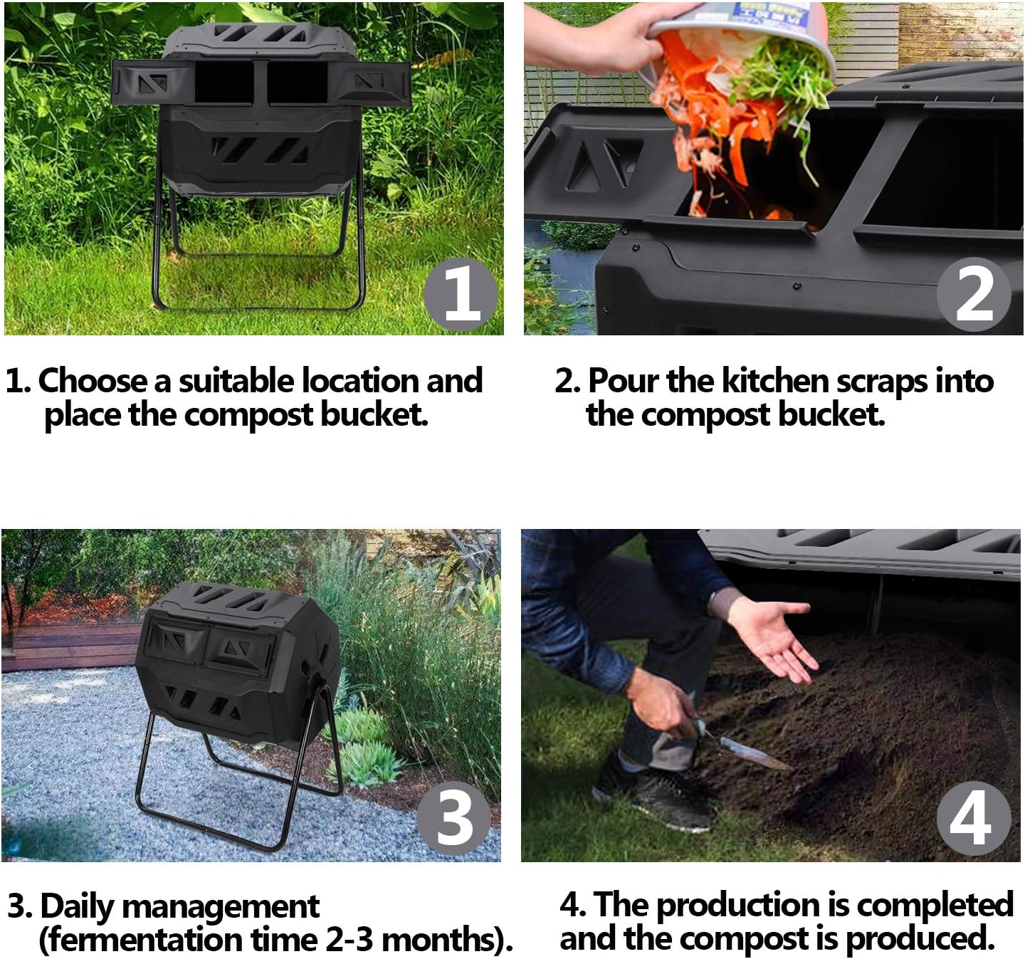 Large Composting Tumbler Dual Chamber Outdoor Garden Rotating Compost Bin Tumbling Composter with Sliding Door (43 Gallon, Black)