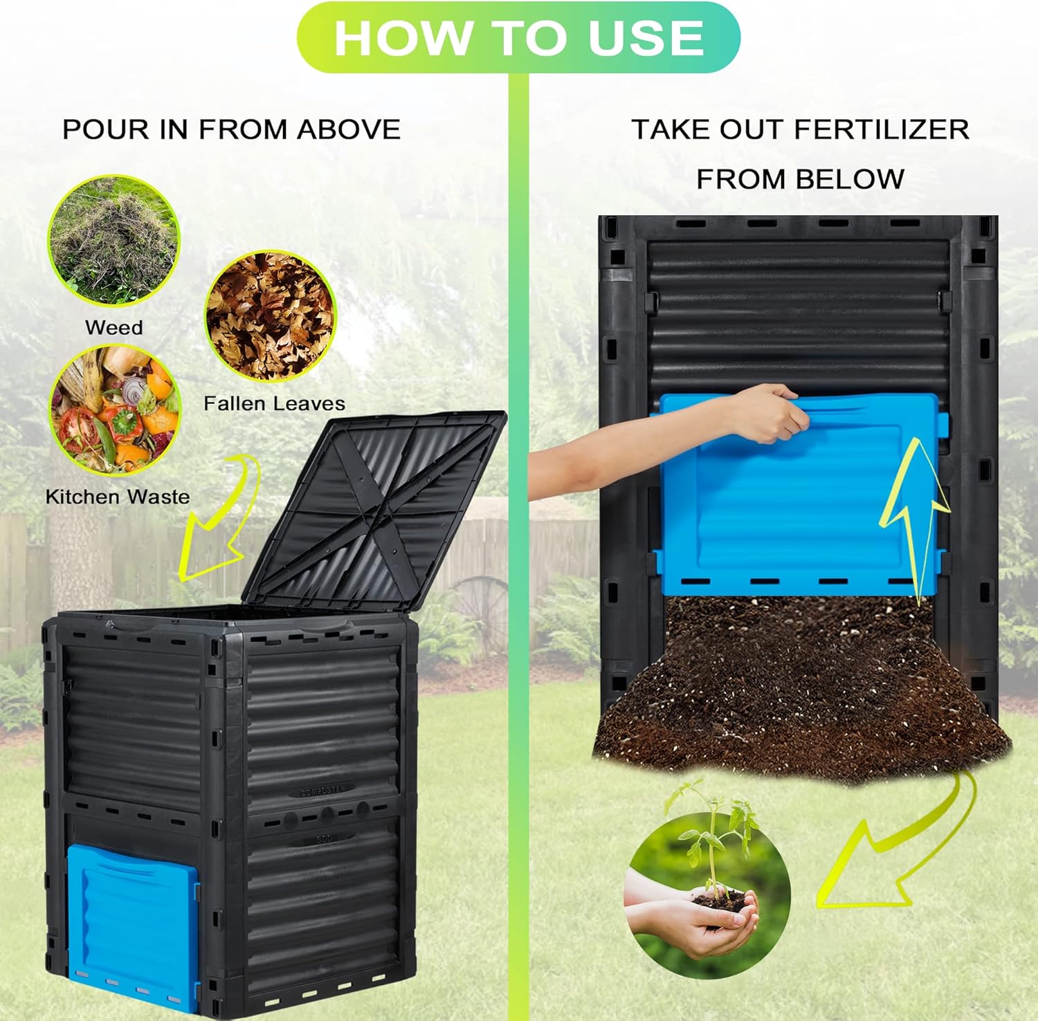 Garden Compost Bin 80 Gallon (300L) Large, Outdoor Composter from PP Material,Composting Box Easy Assembly & Many Vents, Fast Creation of Fertile Soil, Lightweight & Sturdy