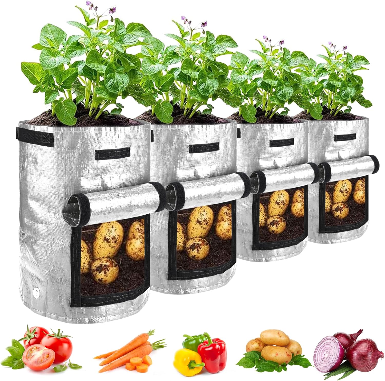 Potato Grow Bags, 4 Pack 10 Gallon with Flap and Handles Planter Pots for Onion, Fruits, Tomato, Carrot - Green