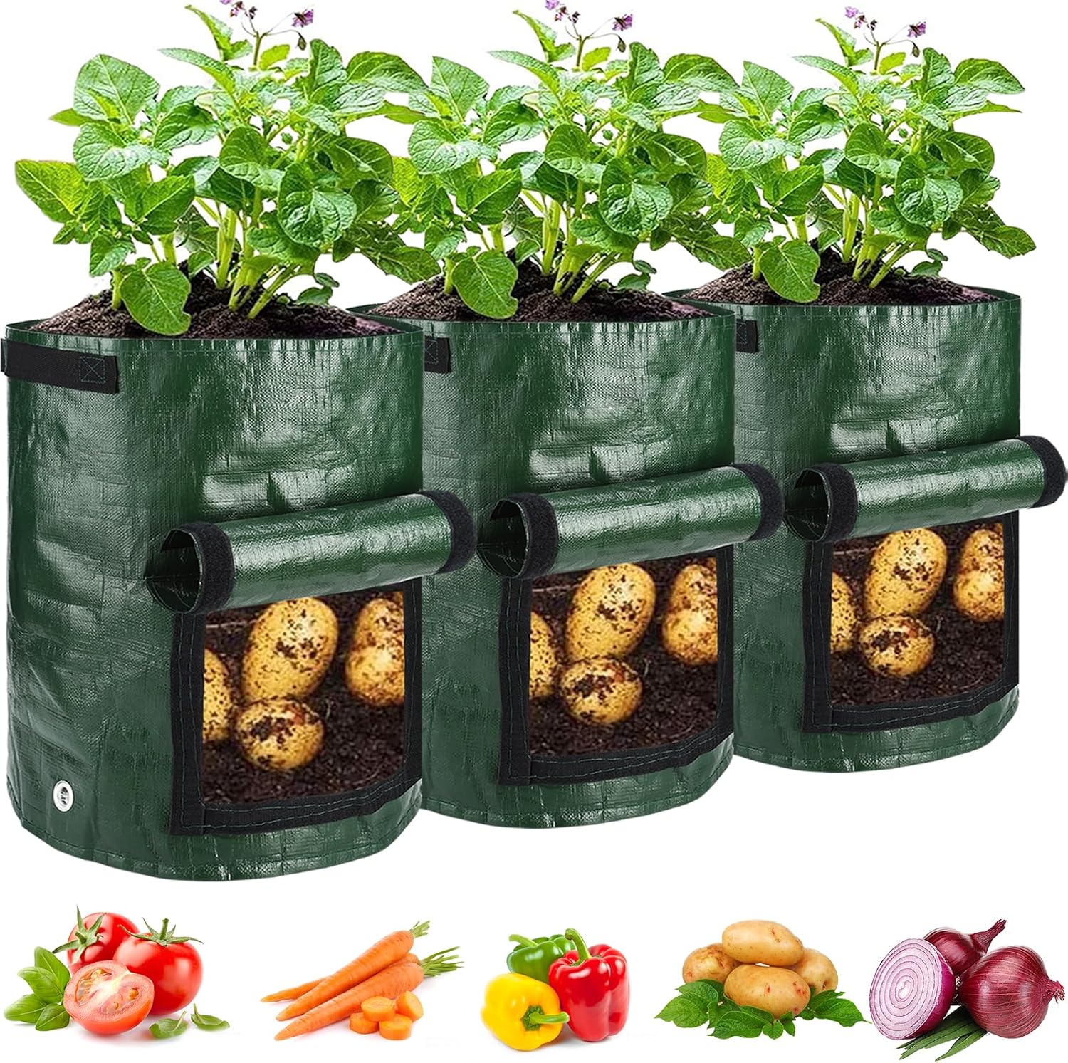 Potato Grow Bags, 4 Pack 10 Gallon with Flap and Handles Planter Pots for Onion, Fruits, Tomato, Carrot - Green