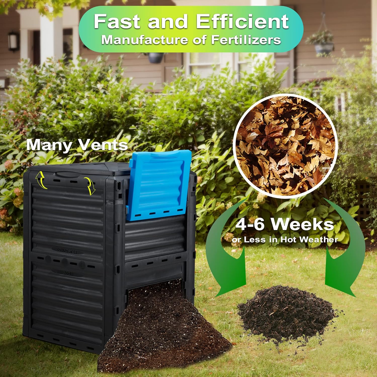 Garden Compost Bin 80 Gallon (300L) Large, Outdoor Composter from PP Material,Composting Box Easy Assembly & Many Vents, Fast Creation of Fertile Soil, Lightweight & Sturdy