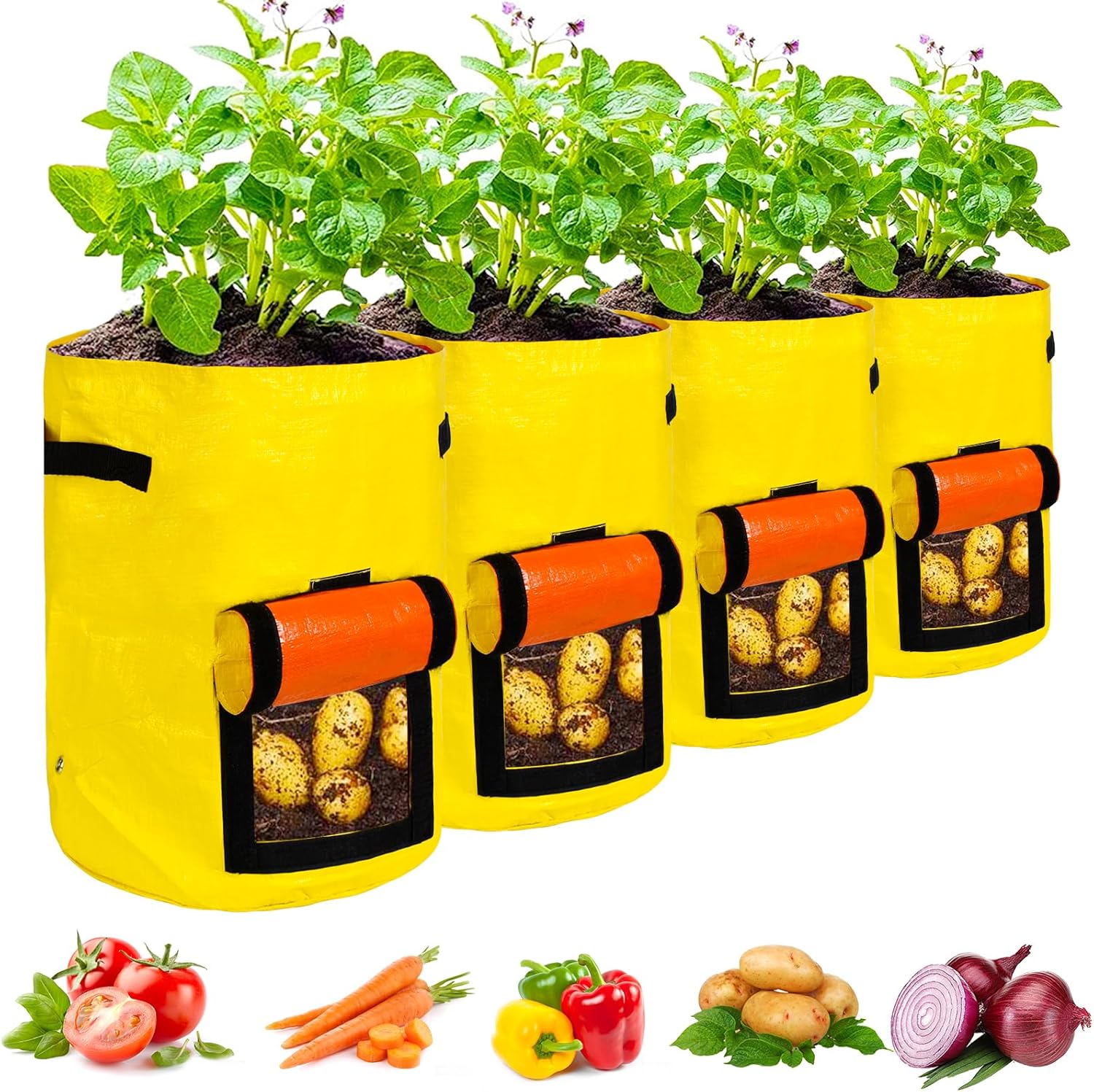 Potato Grow Bags, 4 Pack 10 Gallon with Flap and Handles Planter Pots for Onion, Fruits, Tomato, Carrot - Green