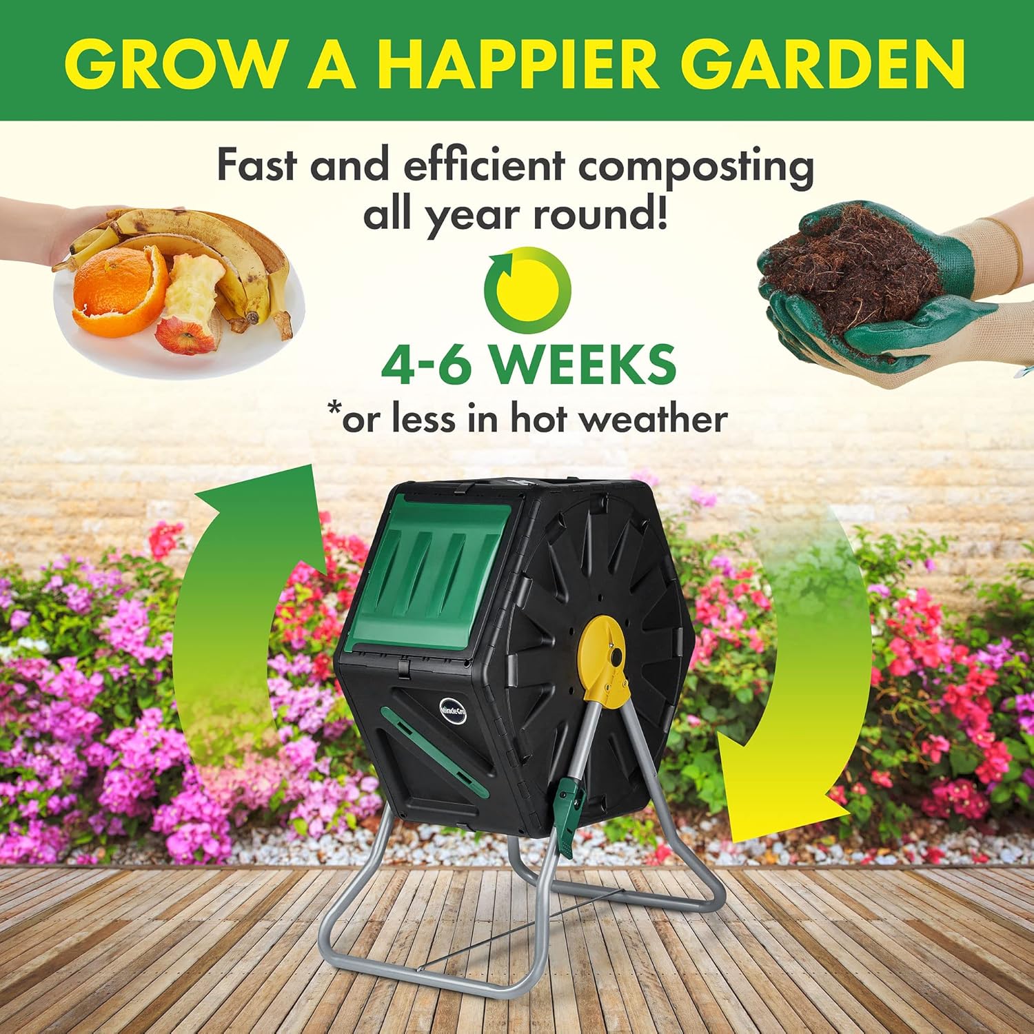 Compost Tumbler Single Chamber – Easy-Turn Composter Tumbler Outdoor for Fast Composting – Heavy-Duty Composting Bin with 1 Sliding Door (18.5 Gallon / 70 Liter)