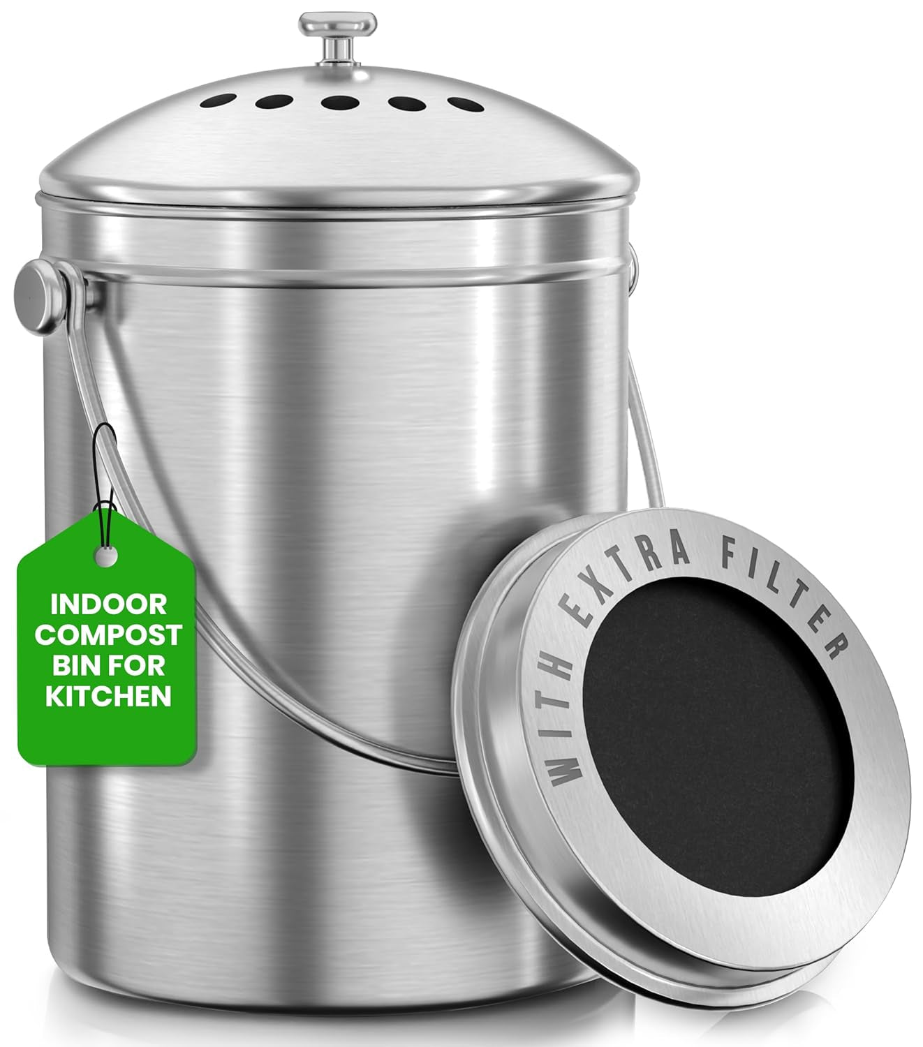 Compost Bin for Kitchen Countertop, 1.3 Gallon Compost Bucket for Kitchen with Lid, Includes 1 Spare Charcoal Filter, Home Essentials - (Silver)