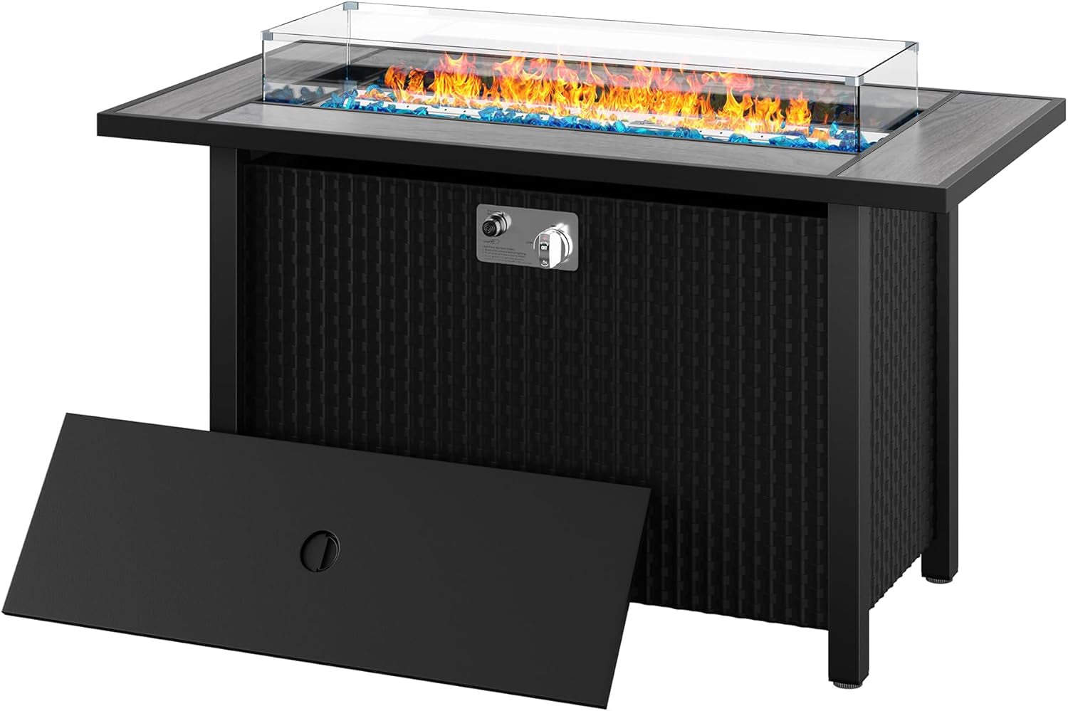 45 Inch Propane Fire Pit Table with Glass Window Protector, Outdoor 50,000 BTU Steel Gas Fire Pit with Lid, Glass Crystal Stone, Waterproof Cover and Rattan Pattern for Patio, Yard, Party