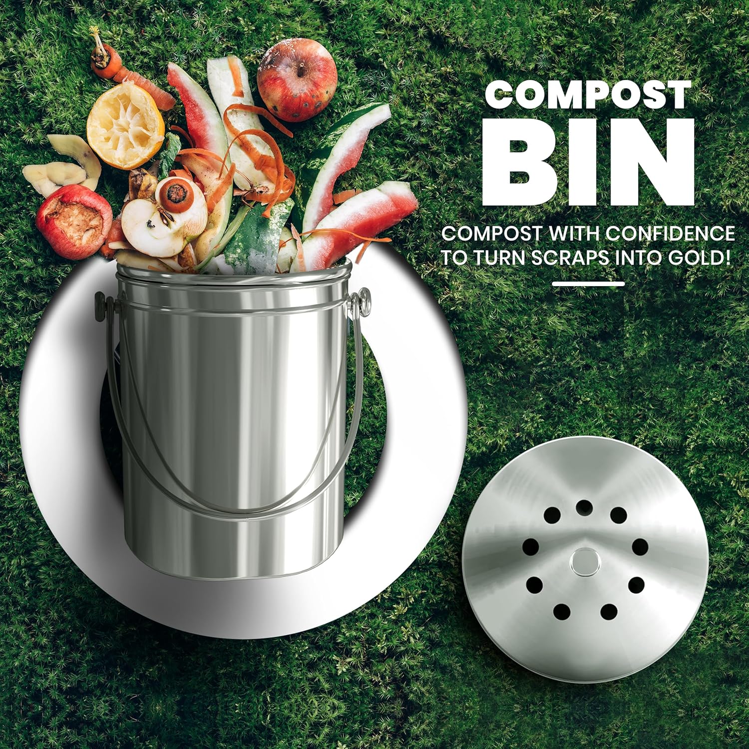 Compost Bin for Kitchen Countertop, 1.3 Gallon Compost Bucket for Kitchen with Lid, Includes 1 Spare Charcoal Filter, Home Essentials - (Silver)