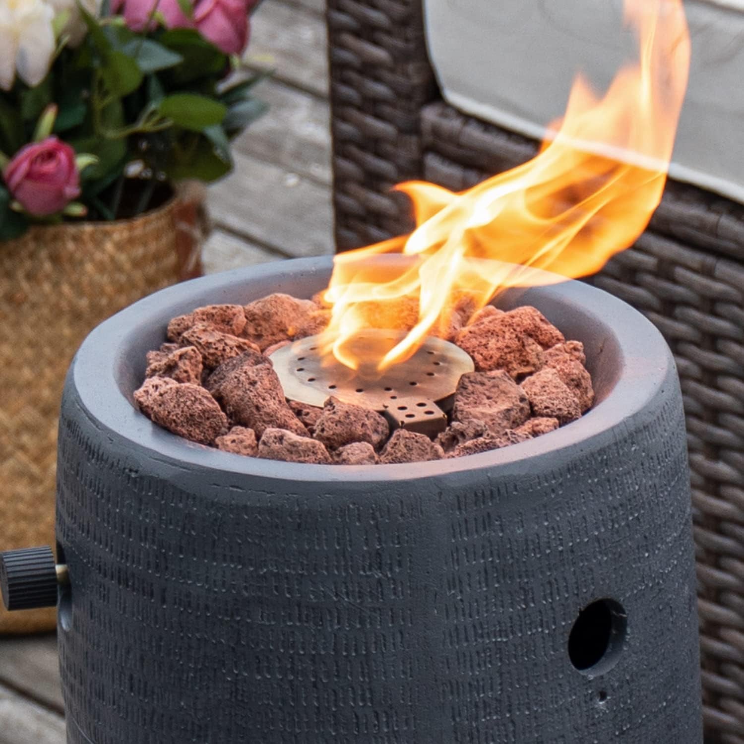 Outdoor Propane Fire Pit Table W Compact Ledgestone 11-Inch round Graphite Base, 15,000 BTU, Free Lava Rocks, Touch-Up Pen, Rain Cover for Patio Garden(Dark Gray)