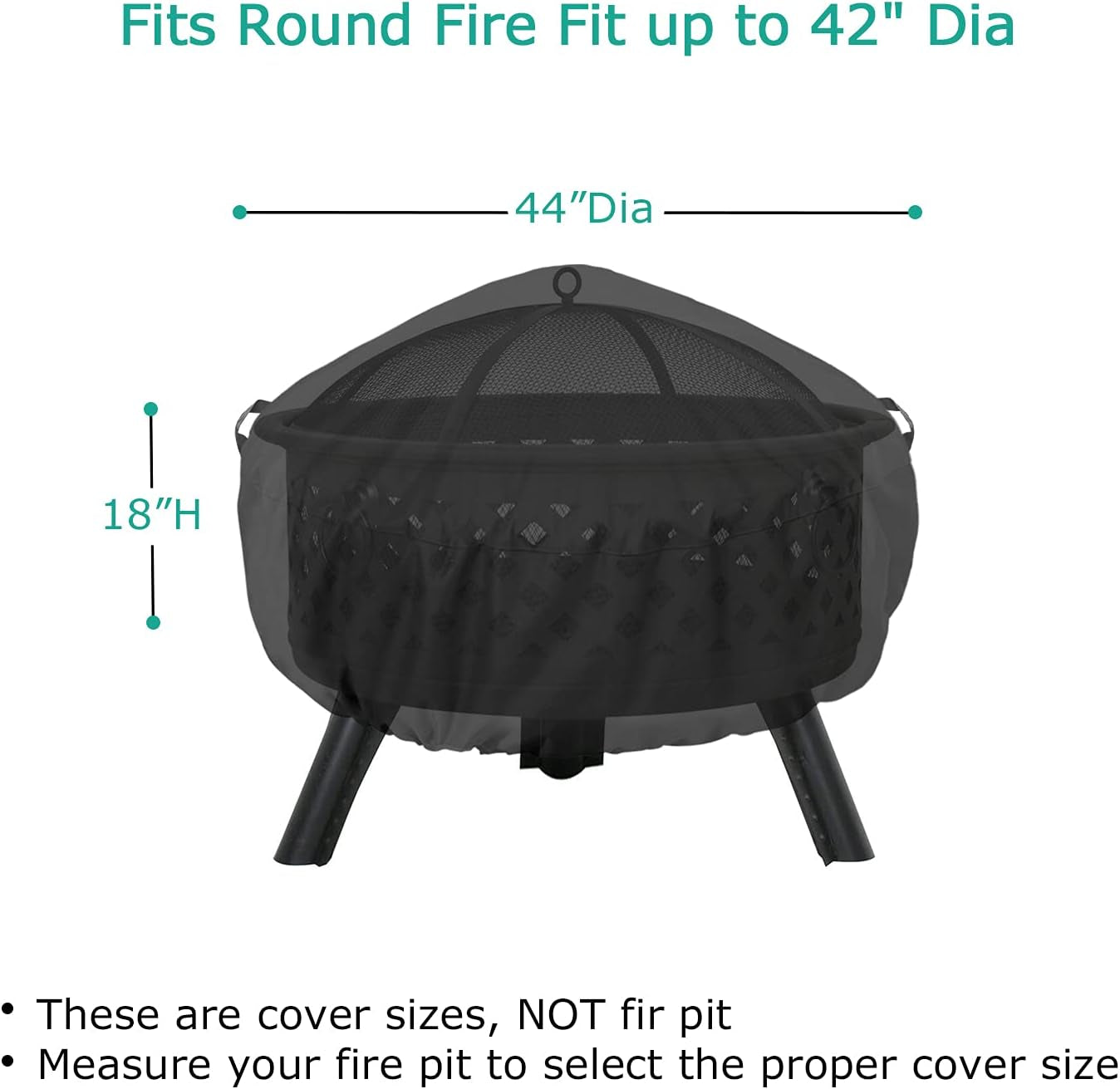 Fire Pit Cover round 44 Inch, Heavy Duty Waterproof Fire Bowl Cover, Outdoor Patio Furniture Side Table Protector with Adjustable Drawstring and Handles, UV & Rip & Fade Resistant, Black