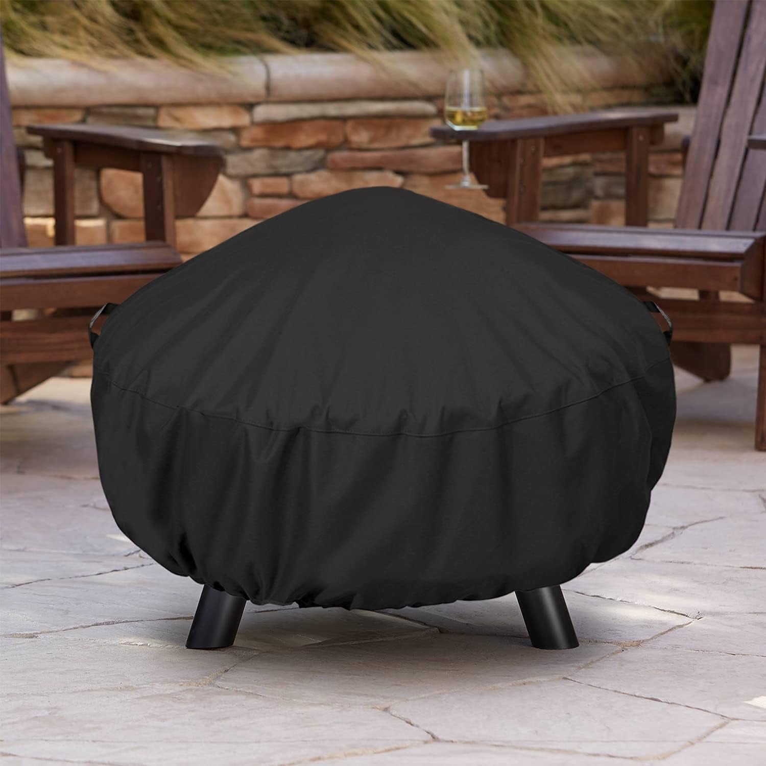 Fire Pit Cover round 44 Inch, Heavy Duty Waterproof Fire Bowl Cover, Outdoor Patio Furniture Side Table Protector with Adjustable Drawstring and Handles, UV & Rip & Fade Resistant, Black