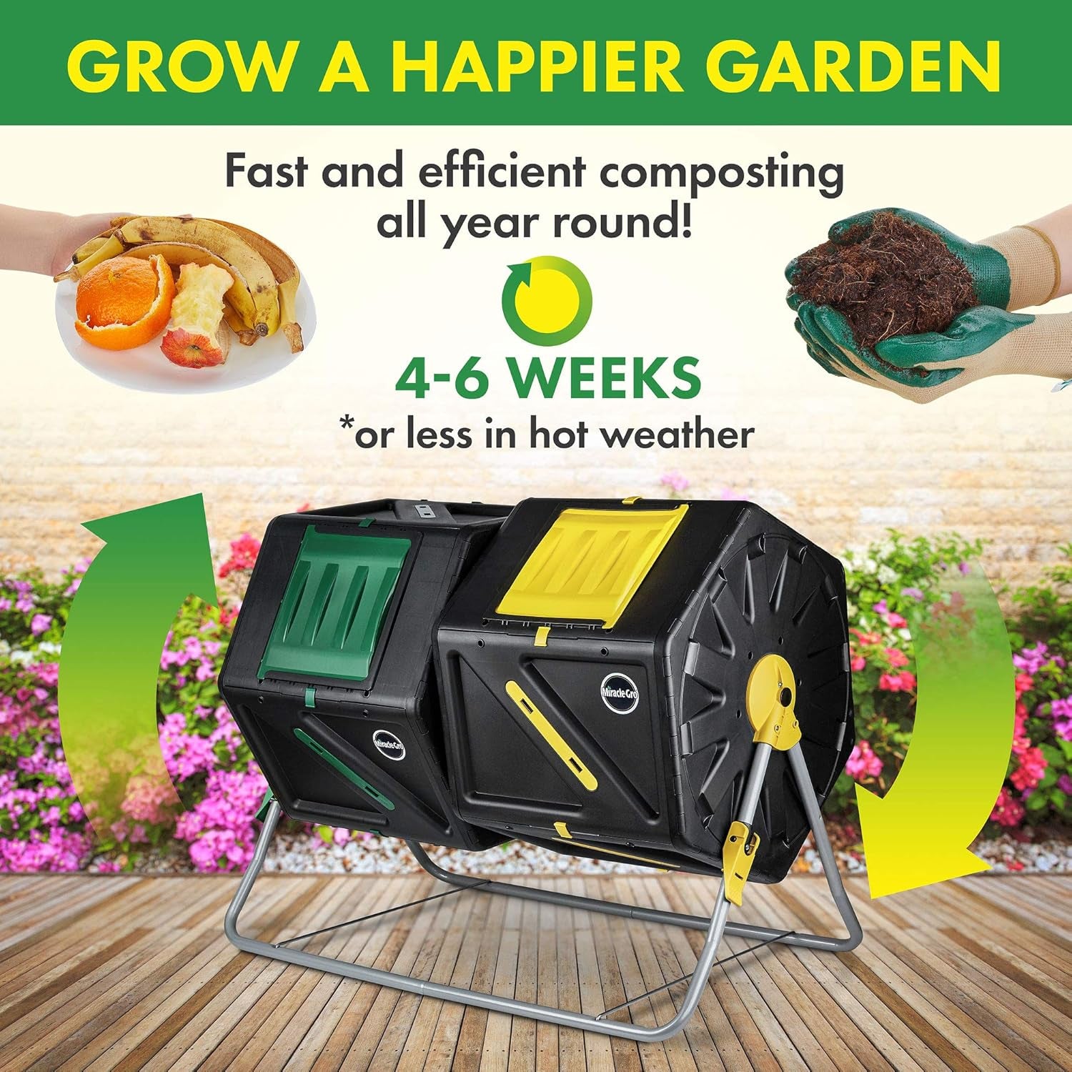 Large Dual Chamber Compost Tumbler – Easy-Turn, Fast-Working System – All-Season, Heavy-Duty, High Volume Composter with 2 Sliding Doors - (2 – 27.7Gallon /105 Liter)